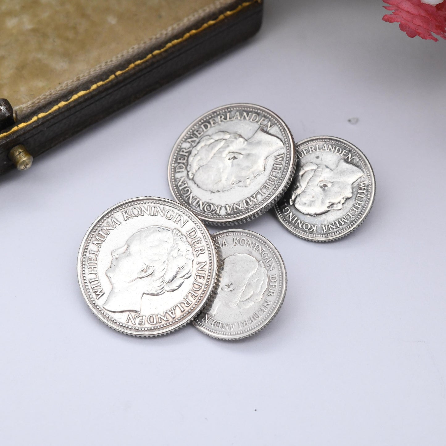 Vintage Silver Wilhelmina Koningin Coin Cufflinks 1930s - 1940 Queen of the Netherlands Dutch Silver Coin Collectable Gift 10 Cents 25 Cents