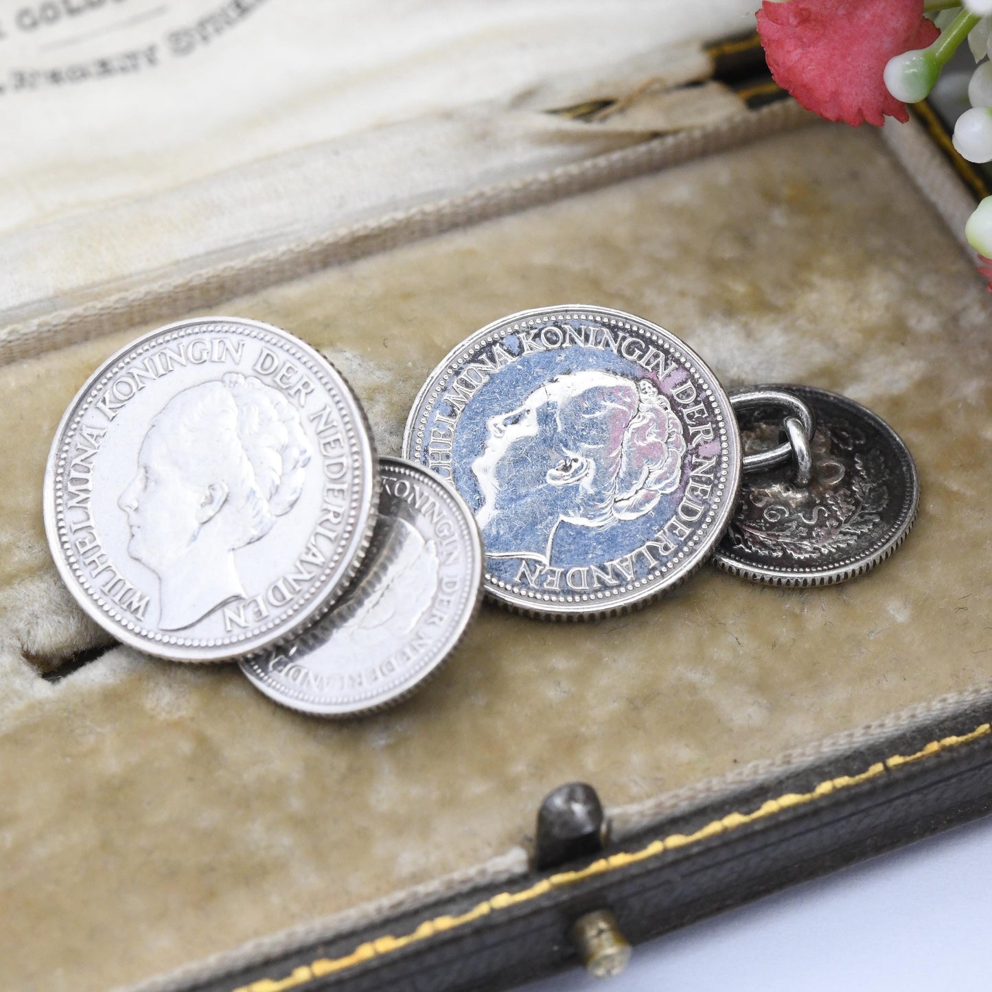 Vintage Silver Wilhelmina Koningin Coin Cufflinks 1930s - 1940 Queen of the Netherlands Dutch Silver Coin Collectable Gift 10 Cents 25 Cents