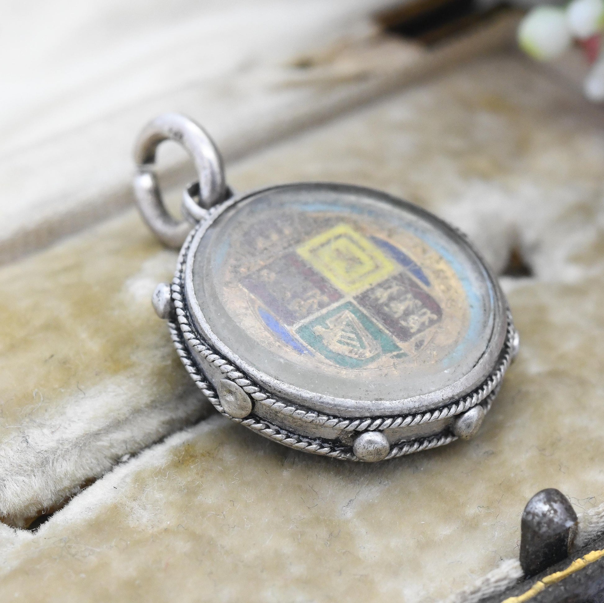 Antique Victorian Silver 1887 Sixpence Pendant Enamelled Coin in Sterling Silver Fob Mount - Rope Twist and Granulated Edges Nautical Style