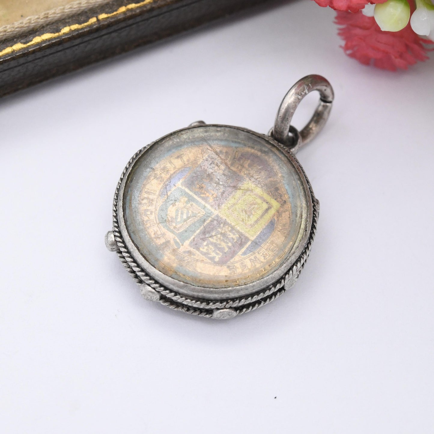 Antique Victorian Silver 1887 Sixpence Pendant Enamelled Coin in Sterling Silver Fob Mount - Rope Twist and Granulated Edges Nautical Style