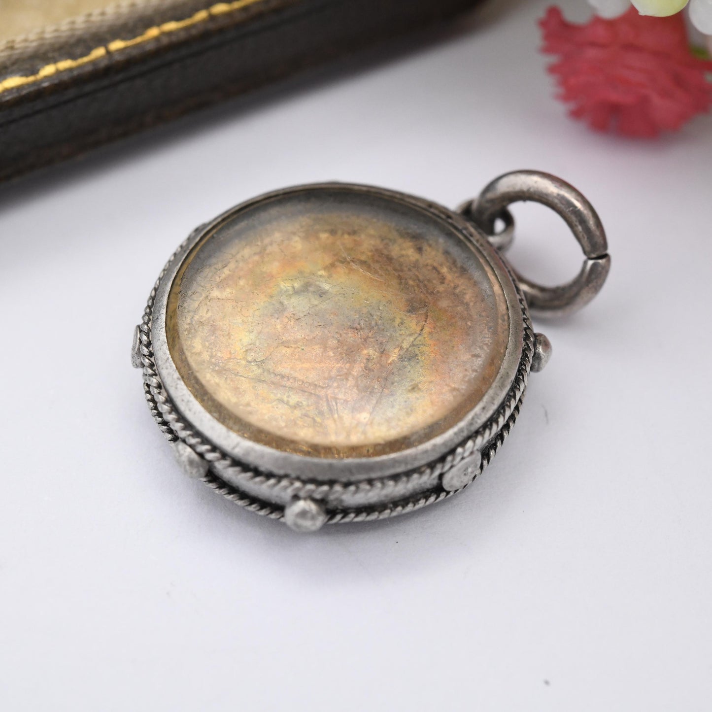 Antique Victorian Silver 1887 Sixpence Pendant Enamelled Coin in Sterling Silver Fob Mount - Rope Twist and Granulated Edges Nautical Style