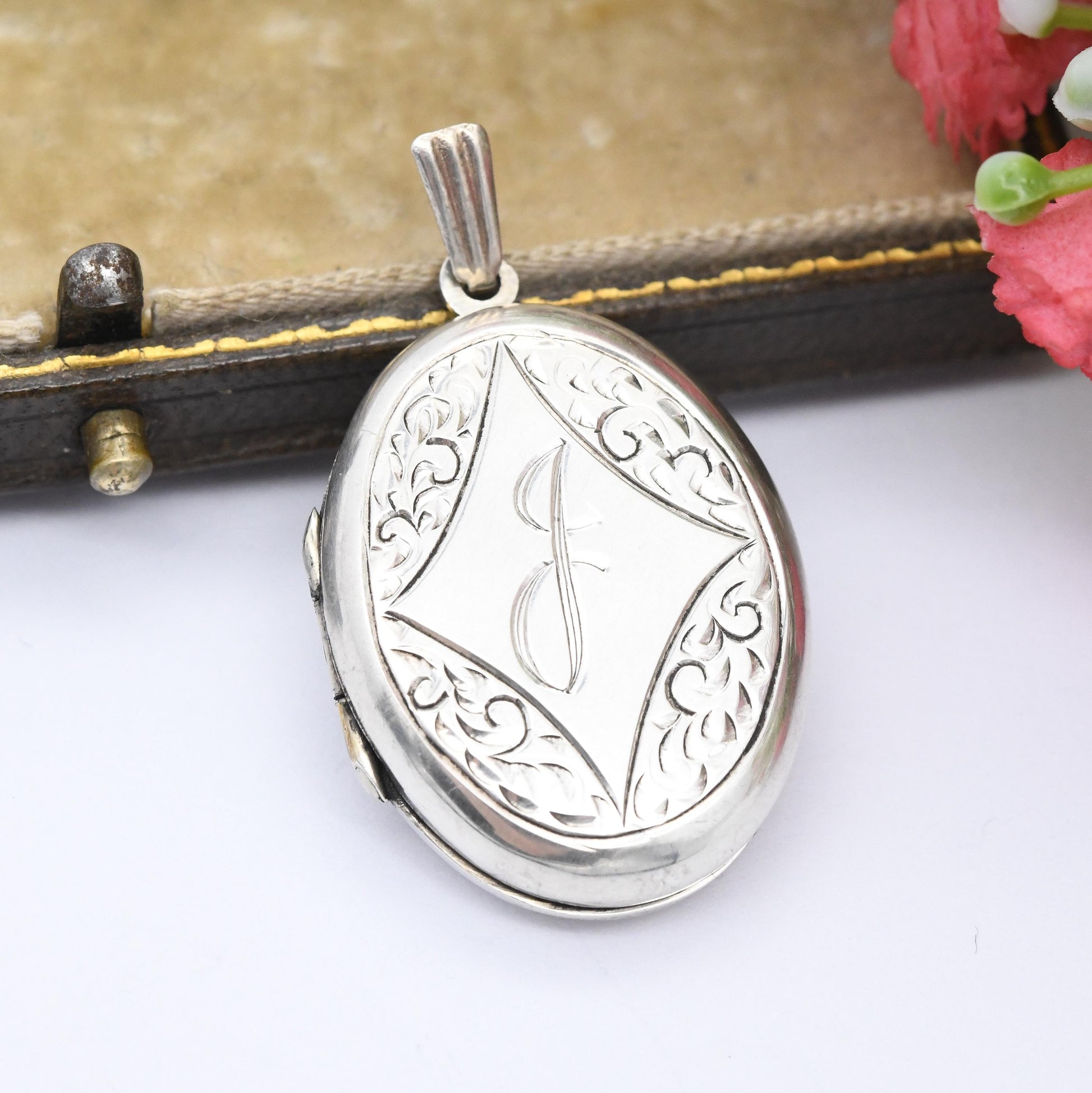 Vintage Sterling Silver Locket Pendant 1977 Engraved Letter J - Personalised Oval Locket with Engraved Scrolling | Pretty Gift for Her