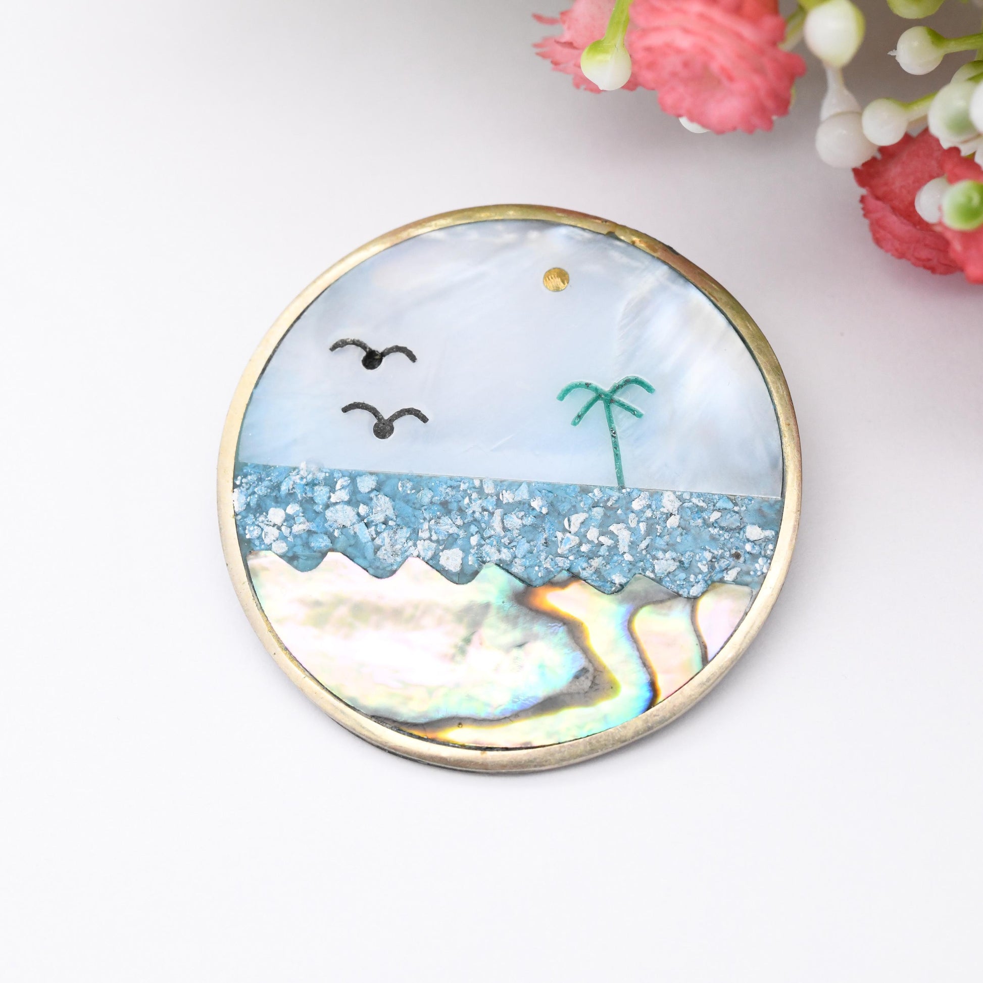 Vintage Alpaca Inlaid Shell Brooch Pendant Beach Scene Palm Tree Flying Birds - Abalone Paua Shell Mother of Pearl Mexico Costume Jewellery