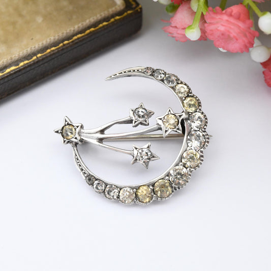 Antique Sterling Silver Paste Crescent Moon and Stars Brooch - Clear Crystal Stones Celestial Theme Shooting Stars Jewellery Gift for Her