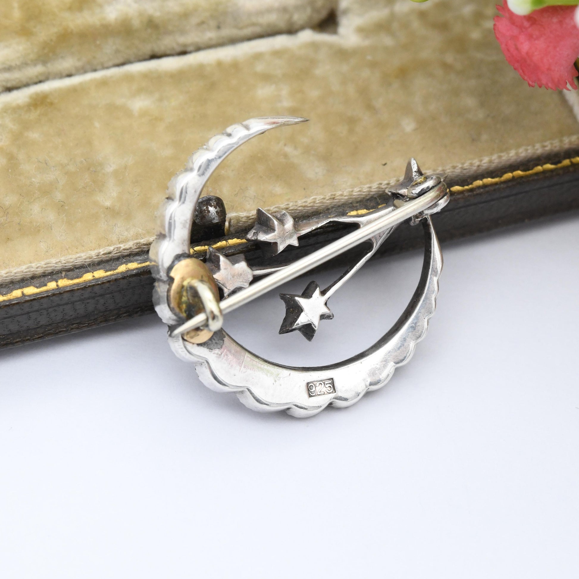 Antique Sterling Silver Paste Crescent Moon and Stars Brooch - Clear Crystal Stones Celestial Theme Shooting Stars Jewellery Gift for Her