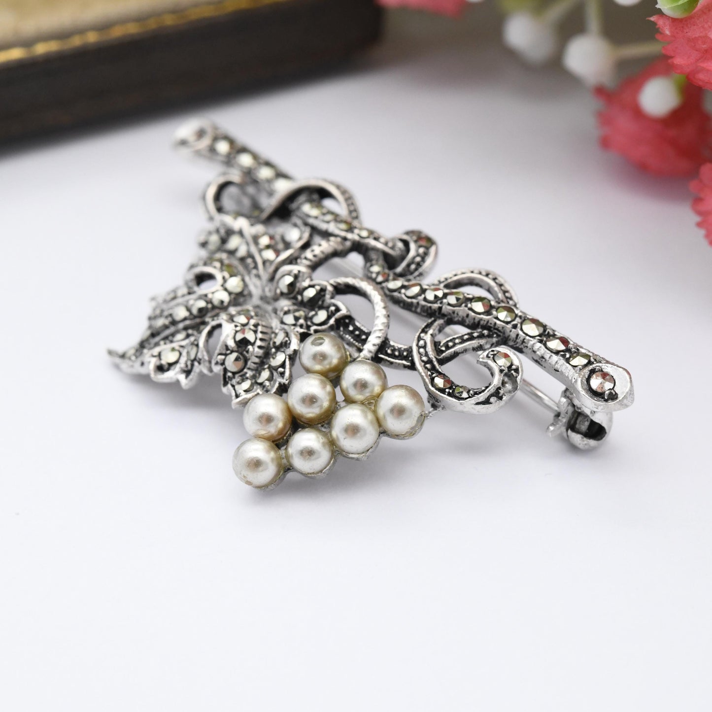 Vintage Sterling Silver Bunch of Grapes Brooch with Marcasite Leaf and Faux Pearl Fruit - Sparkly Statement Pin | Hanging from a Branch