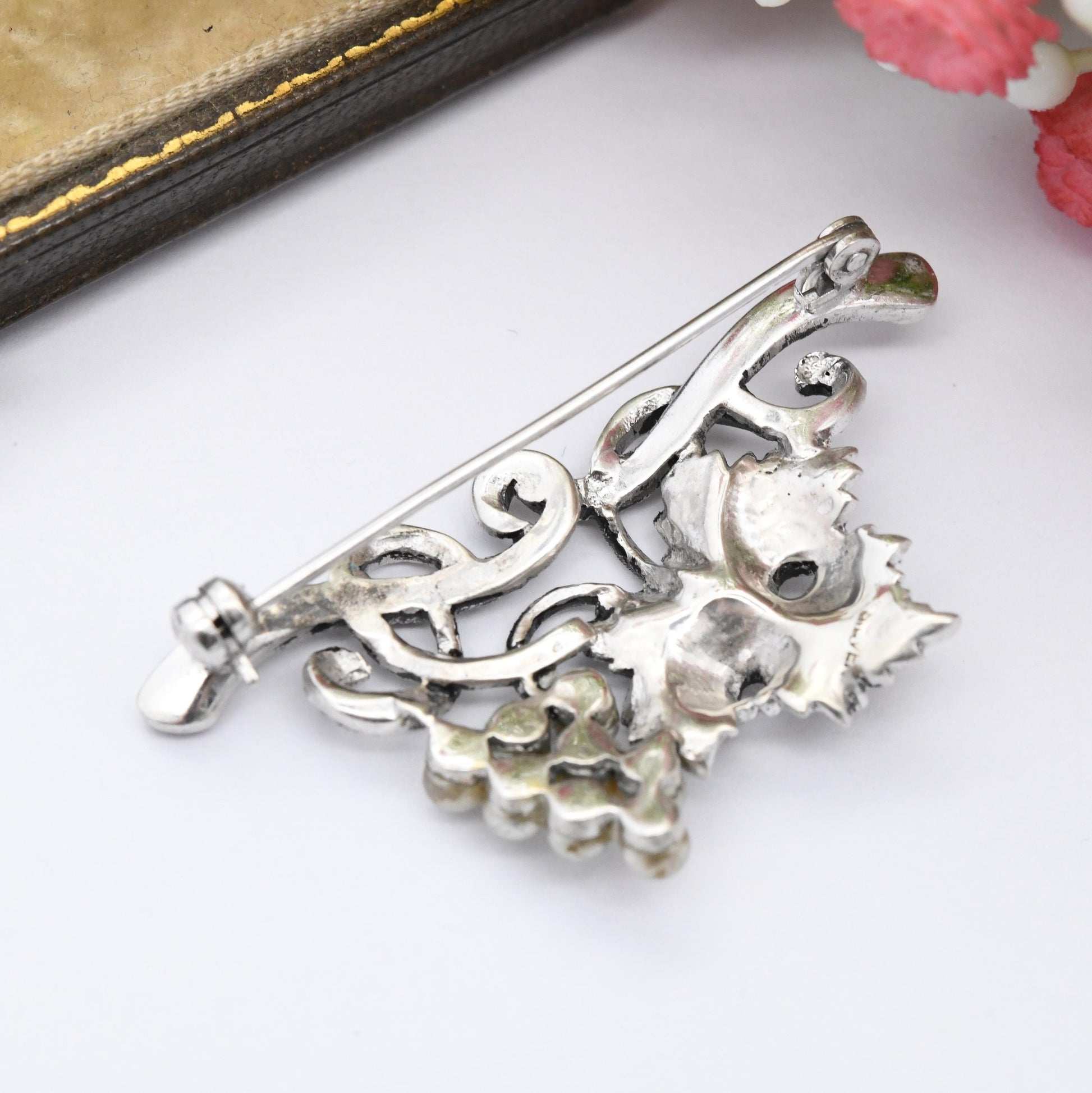 Vintage Sterling Silver Bunch of Grapes Brooch with Marcasite Leaf and Faux Pearl Fruit - Sparkly Statement Pin | Hanging from a Branch