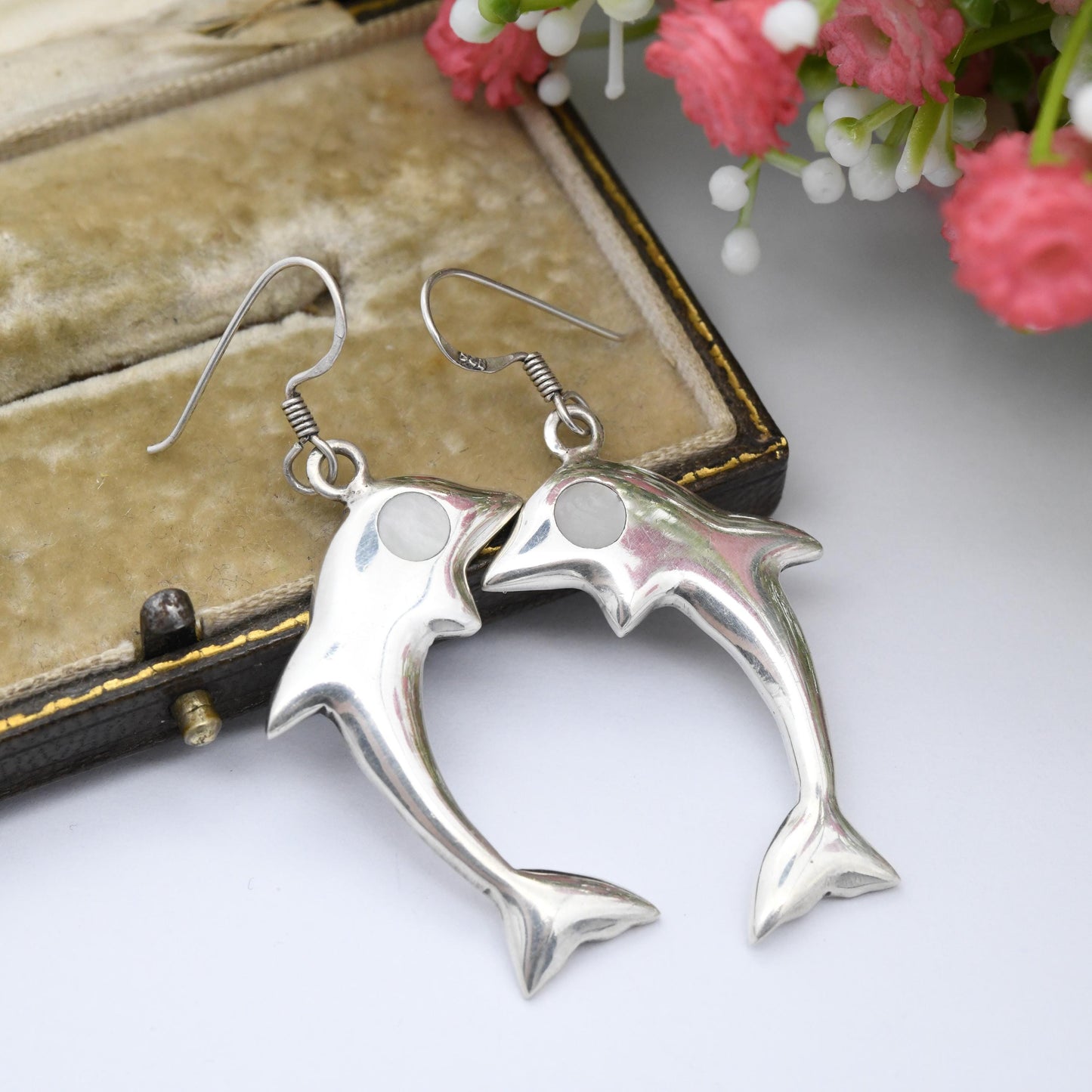 Vintage Sterling Silver Dolphin Earrings with Mother of Pearl Eyes - Large Statement Animal Theme Jewellery Dangle Drop Earrings