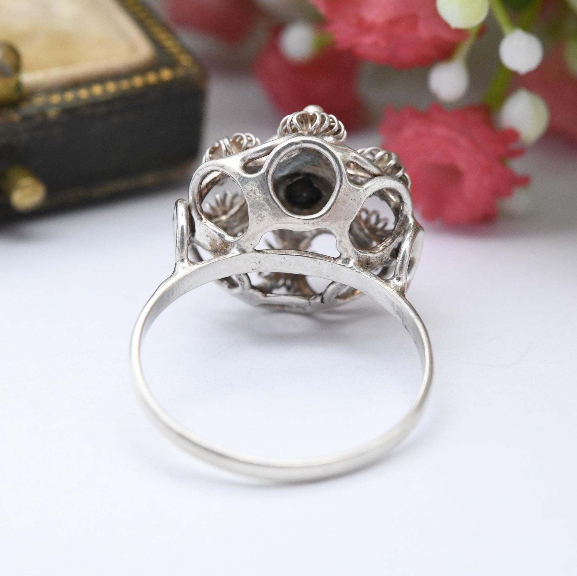 Vintage Sterling Silver Pink Stone Wirework Ring - Faceted Deep Pink Paste Solitaire with Floral Boule Design | UK Size - P US Size - 7 1/2