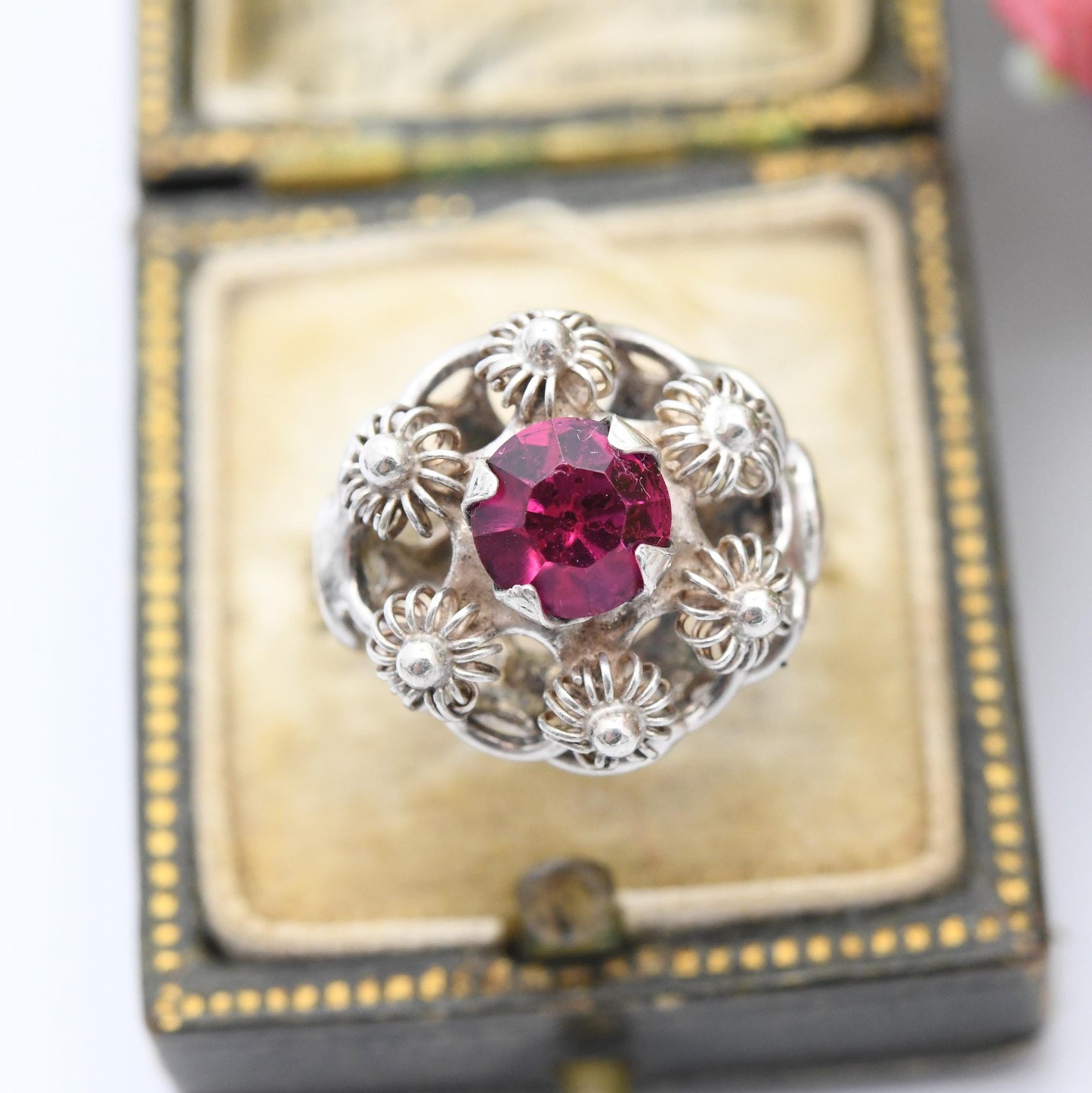 Vintage Sterling Silver Pink Stone Wirework Ring - Faceted Deep Pink Paste Solitaire with Floral Boule Design | UK Size - P US Size - 7 1/2