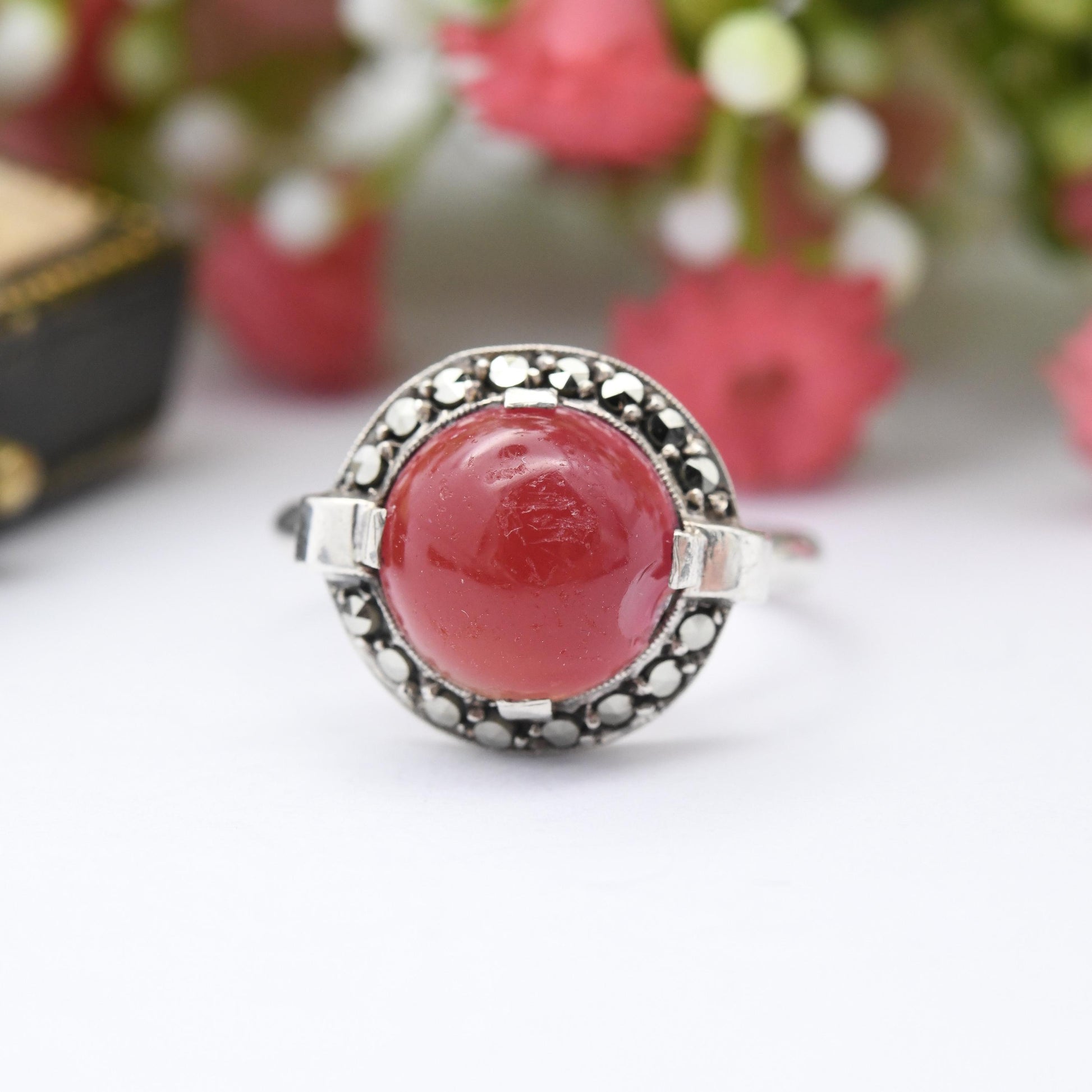 Vintage Art Deco Silver Statement Ring with Marcasite Halo Red Stone - European 935 Silver Cabochon Stone | UK Size - O 1/2 US Size - 7 1/2