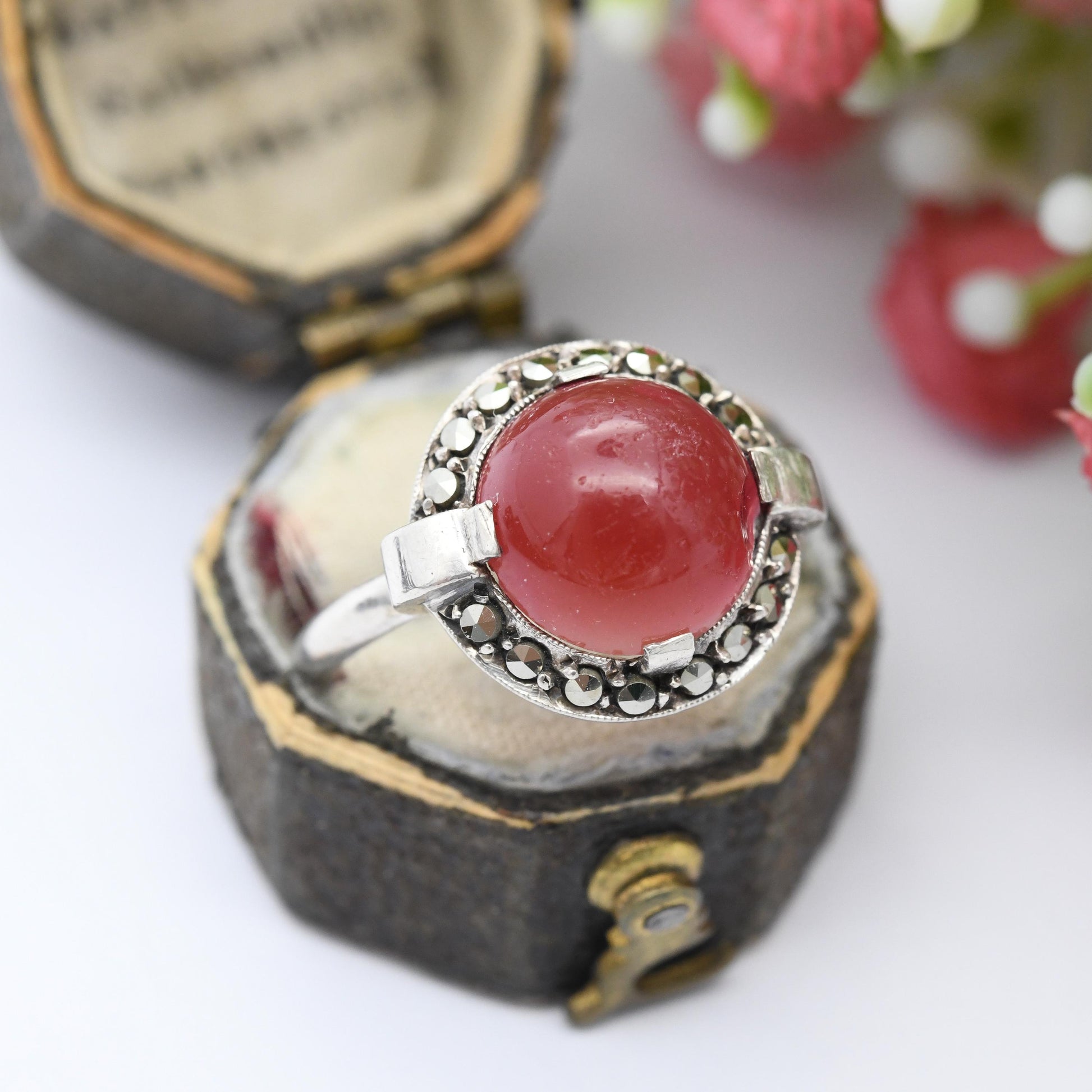 Vintage Art Deco Silver Statement Ring with Marcasite Halo Red Stone - European 935 Silver Cabochon Stone | UK Size - O 1/2 US Size - 7 1/2