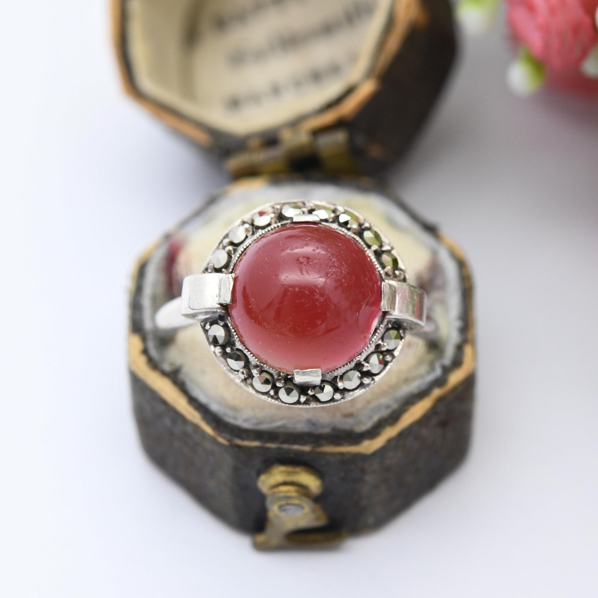 Vintage Art Deco Silver Statement Ring with Marcasite Halo Red Stone - European 935 Silver Cabochon Stone | UK Size - O 1/2 US Size - 7 1/2