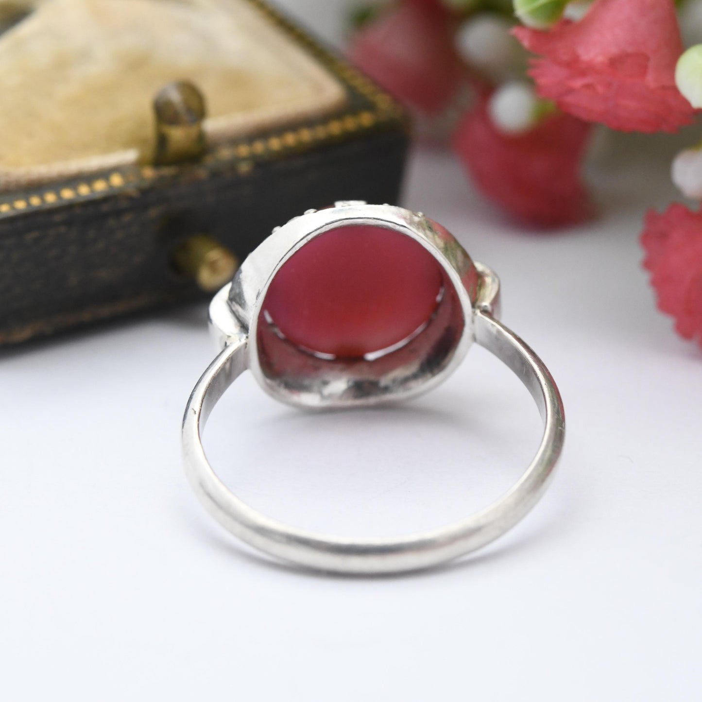 Vintage Art Deco Silver Statement Ring with Marcasite Halo Red Stone - European 935 Silver Cabochon Stone | UK Size - O 1/2 US Size - 7 1/2