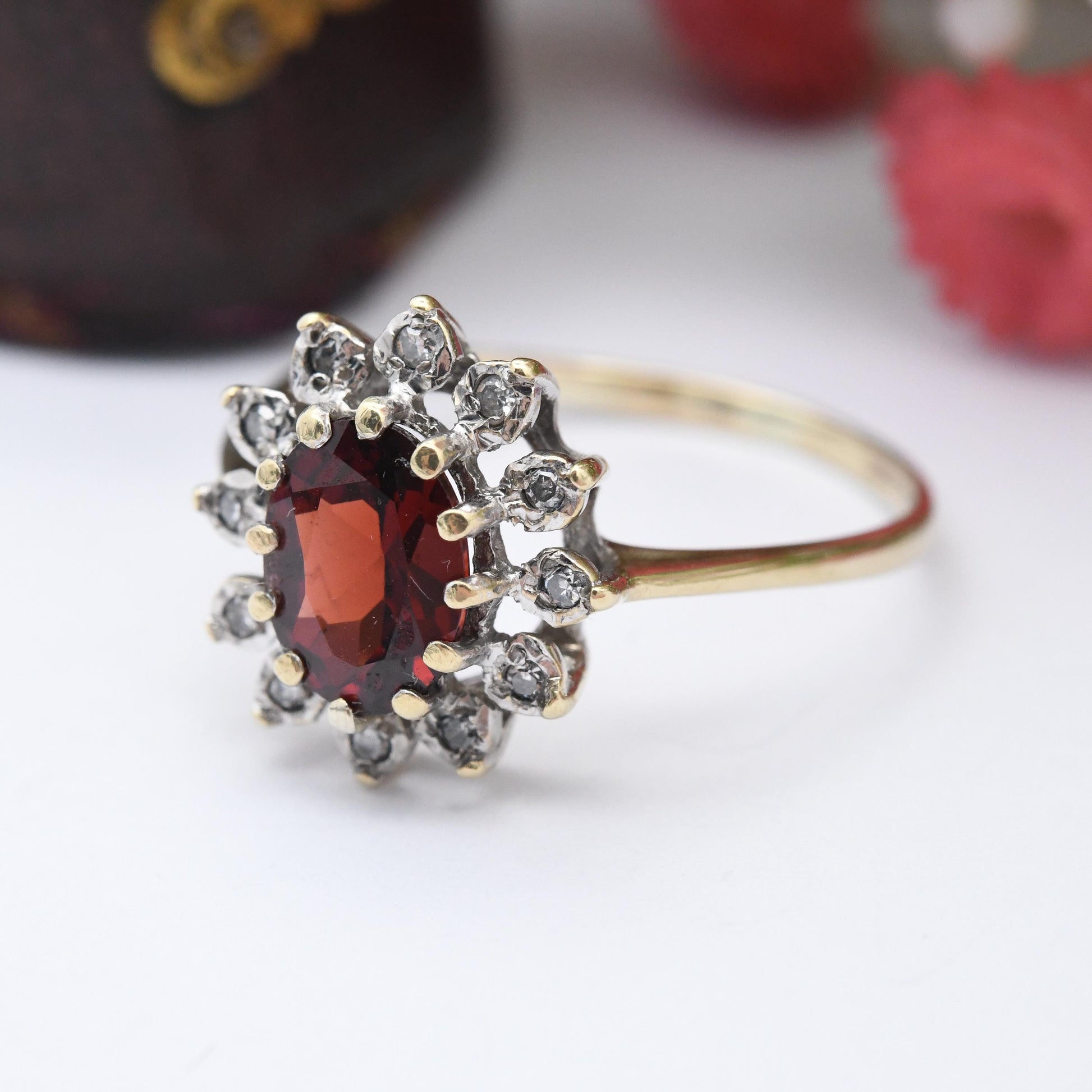 Vintage 9ct Gold Garnet Diamond Flower Ring 1988 by Alfred Terry - Floral Halo Red Gemstone | UK Size - Q | US Size - 8 1/4