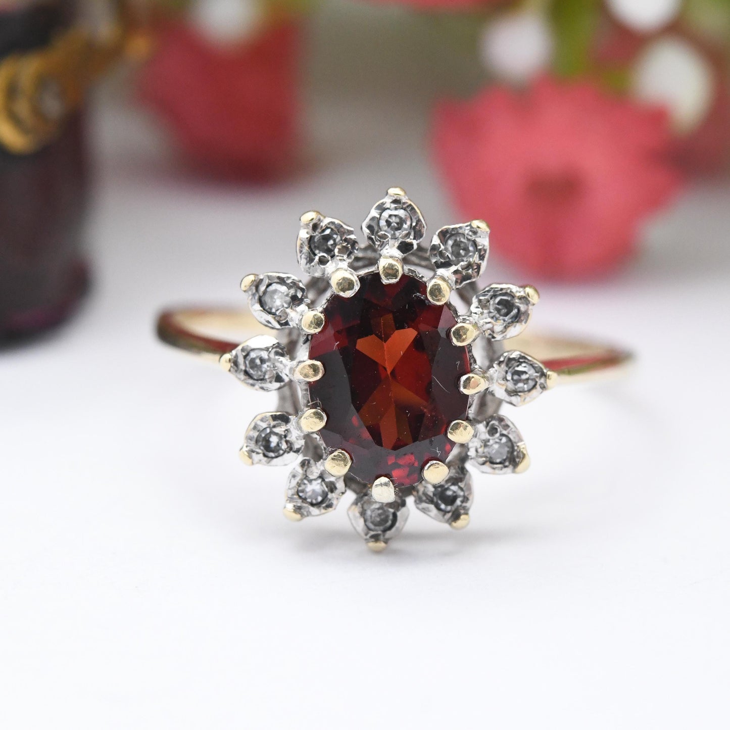 Vintage 9ct Gold Garnet Diamond Flower Ring 1988 by Alfred Terry - Floral Halo Red Gemstone | UK Size - Q | US Size - 8 1/4