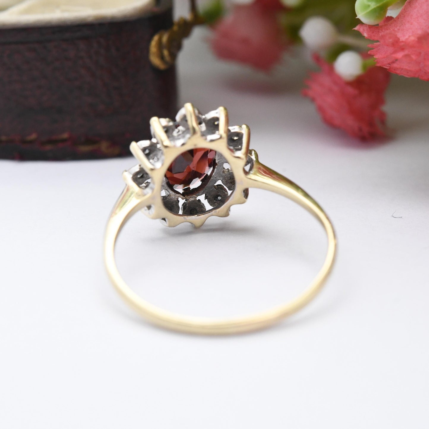 Vintage 9ct Gold Garnet Diamond Flower Ring 1988 by Alfred Terry - Floral Halo Red Gemstone | UK Size - Q | US Size - 8 1/4