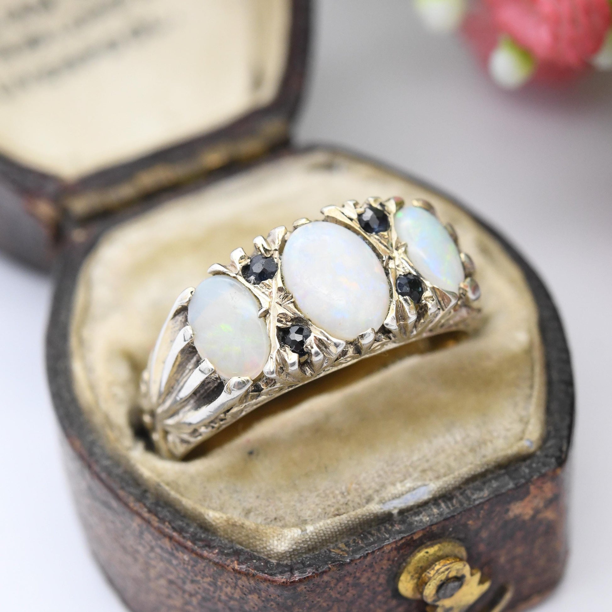 Vintage Sterling Silver Opal Three Stone Ring Sapphire Accents P & R Bushell 1970s - Antique Revival Style | UK Size - Q | US Size - 8 1/4