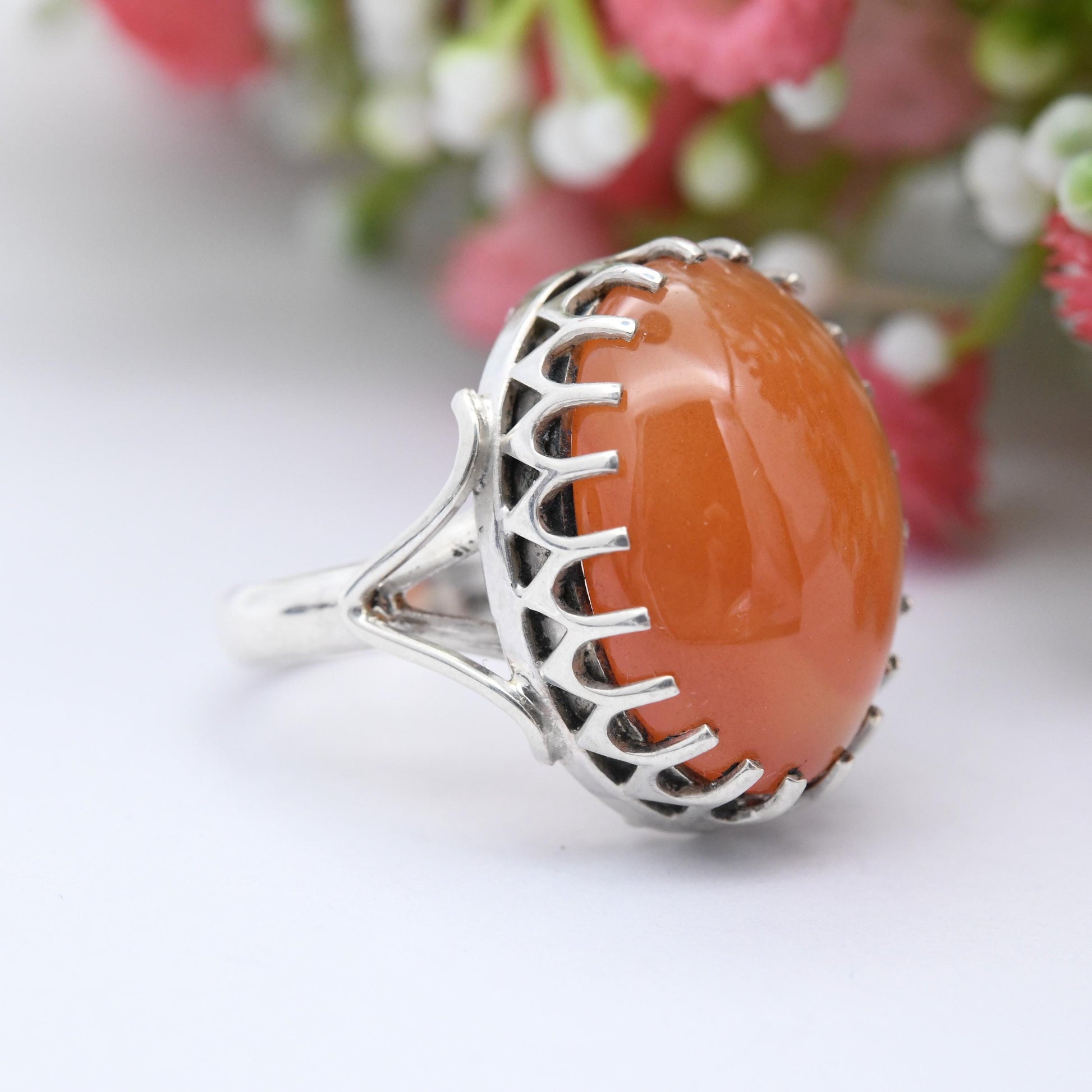 Vintage Sterling Silver Carnelian Ring - Cabochon Large Orange Gemstone Openwork Claw Mount Pretty Gift | UK Size - K | US Size - 5 1/4