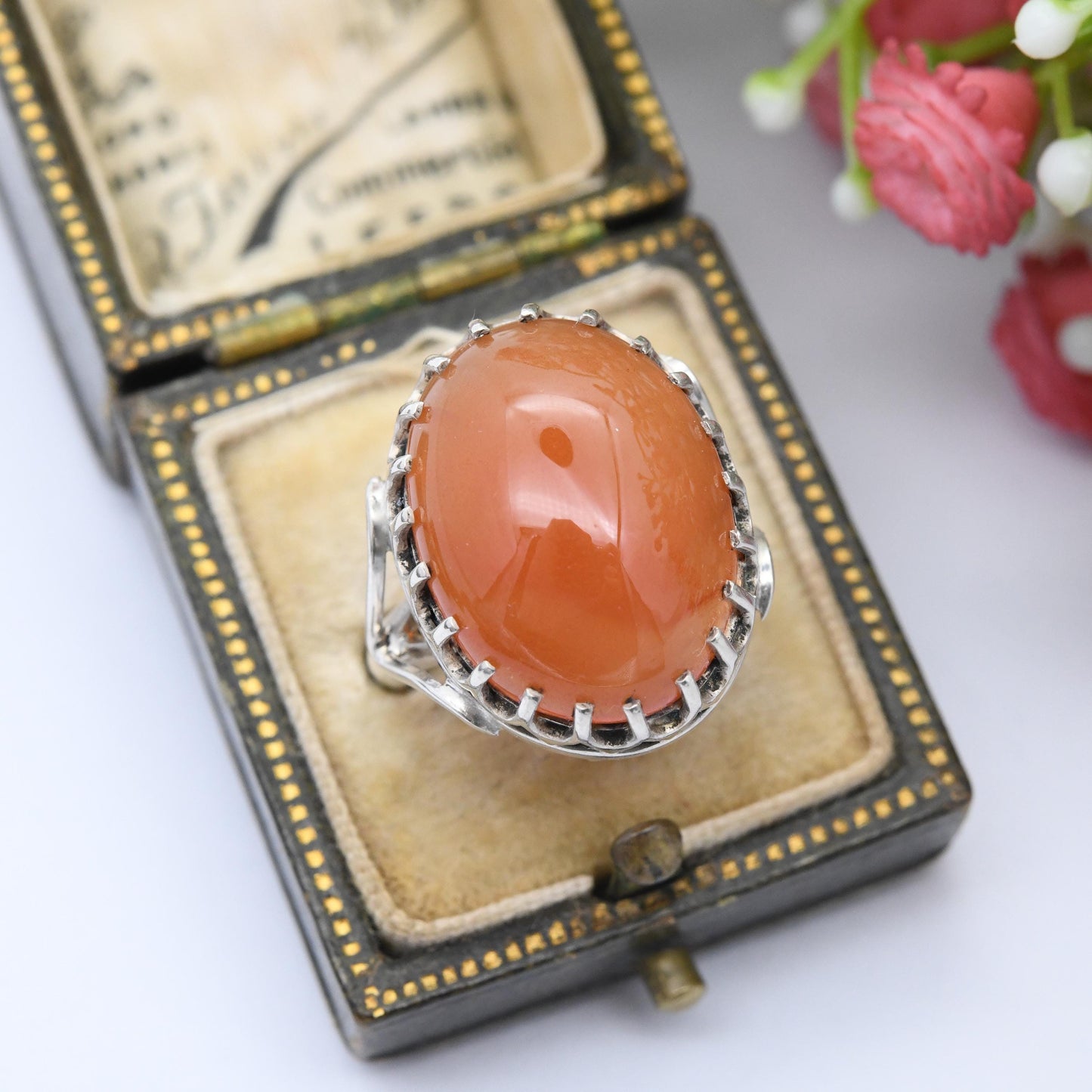 Vintage Sterling Silver Carnelian Ring - Cabochon Large Orange Gemstone Openwork Claw Mount Pretty Gift | UK Size - K | US Size - 5 1/4