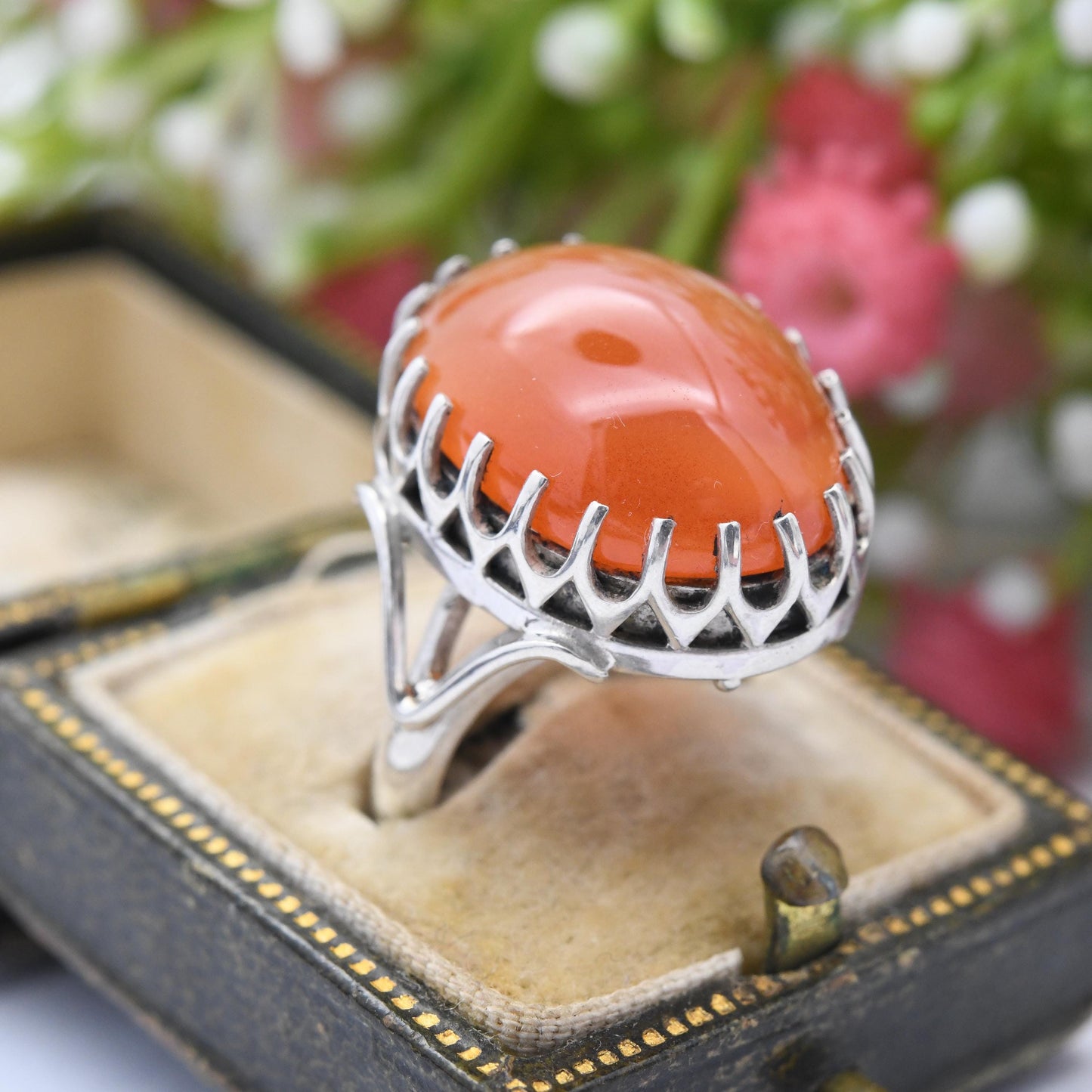 Vintage Sterling Silver Carnelian Ring - Cabochon Large Orange Gemstone Openwork Claw Mount Pretty Gift | UK Size - K | US Size - 5 1/4