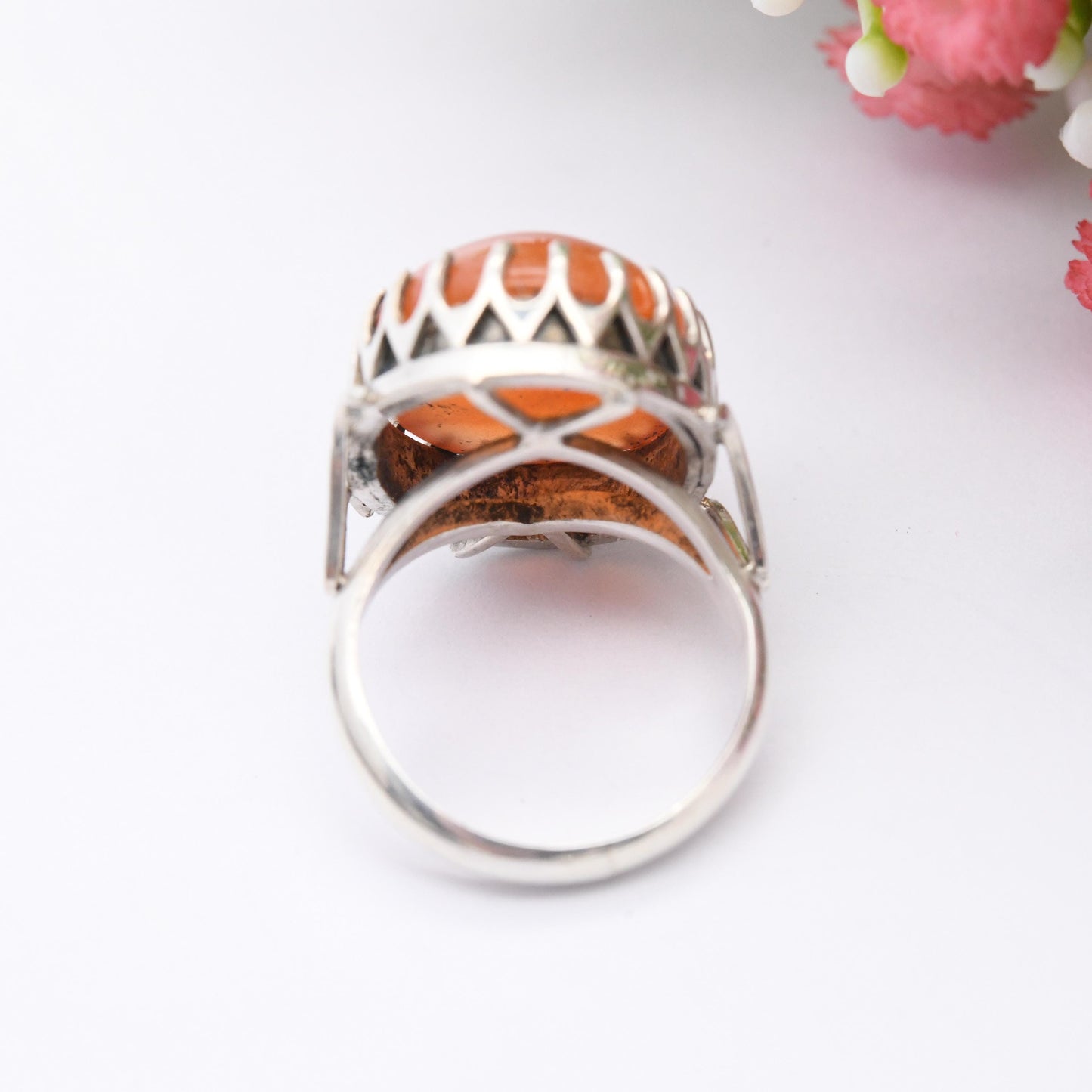 Vintage Sterling Silver Carnelian Ring - Cabochon Large Orange Gemstone Openwork Claw Mount Pretty Gift | UK Size - K | US Size - 5 1/4