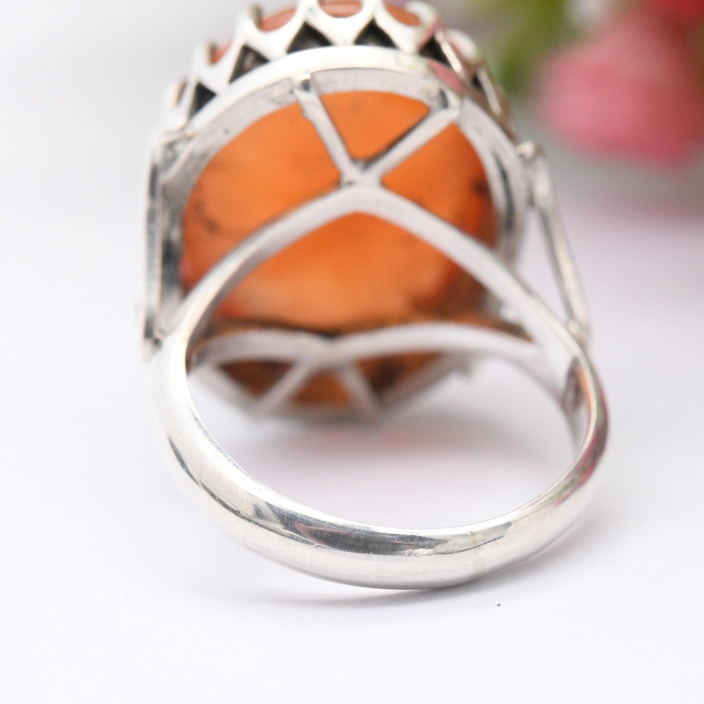 Vintage Sterling Silver Carnelian Ring - Cabochon Large Orange Gemstone Openwork Claw Mount Pretty Gift | UK Size - K | US Size - 5 1/4