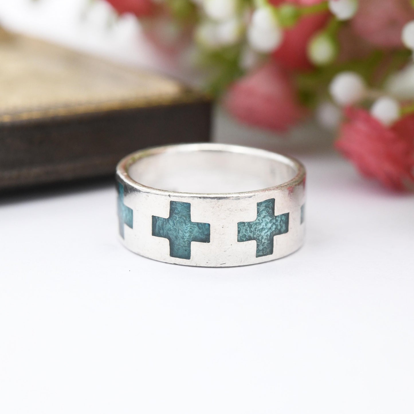 Vintage Sterling Silver Blue Enamel Greek Cross Band Ring - Eternity Style Equal Armed Cross Square | UK Size - L | US Size - 5 3/4