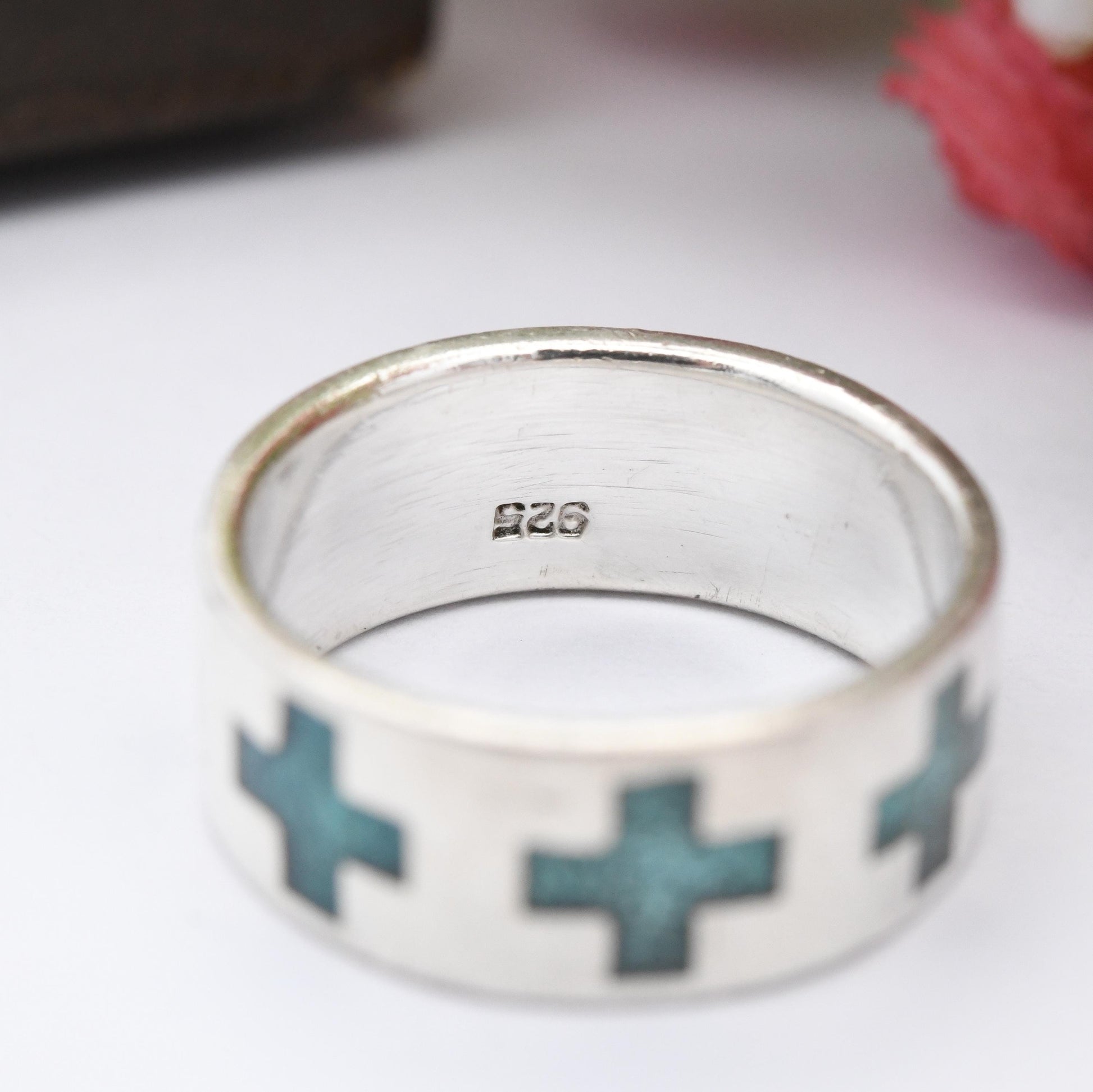 Vintage Sterling Silver Blue Enamel Greek Cross Band Ring - Eternity Style Equal Armed Cross Square | UK Size - L | US Size - 5 3/4