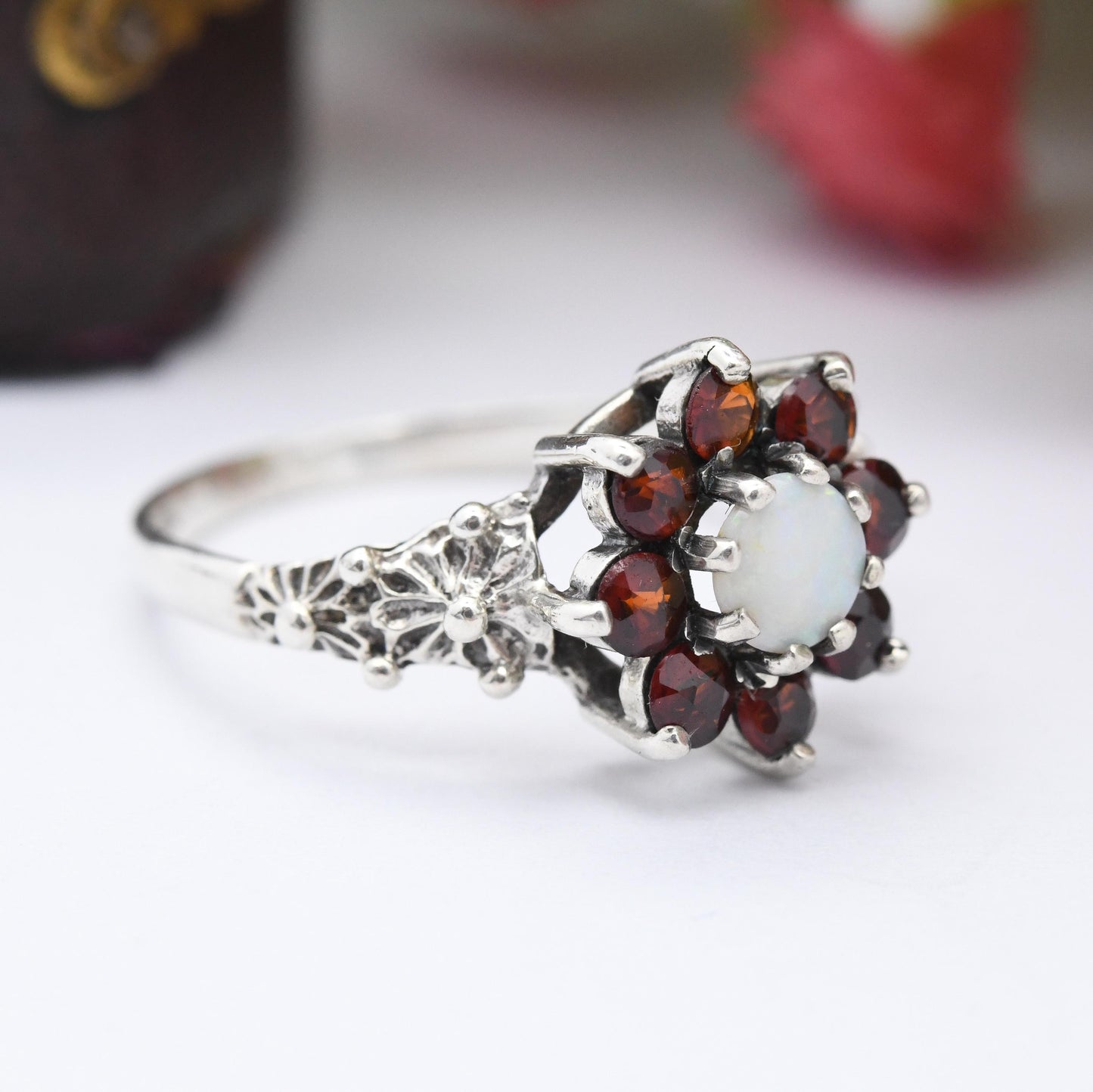 Vintage Sterling Silver Opal Garnet Flower Cluster Ring 1978 by P&R Bushell - Cocktail Ring Pretty Gift | UK Size - O 1/2 | US Size - 7 1/2