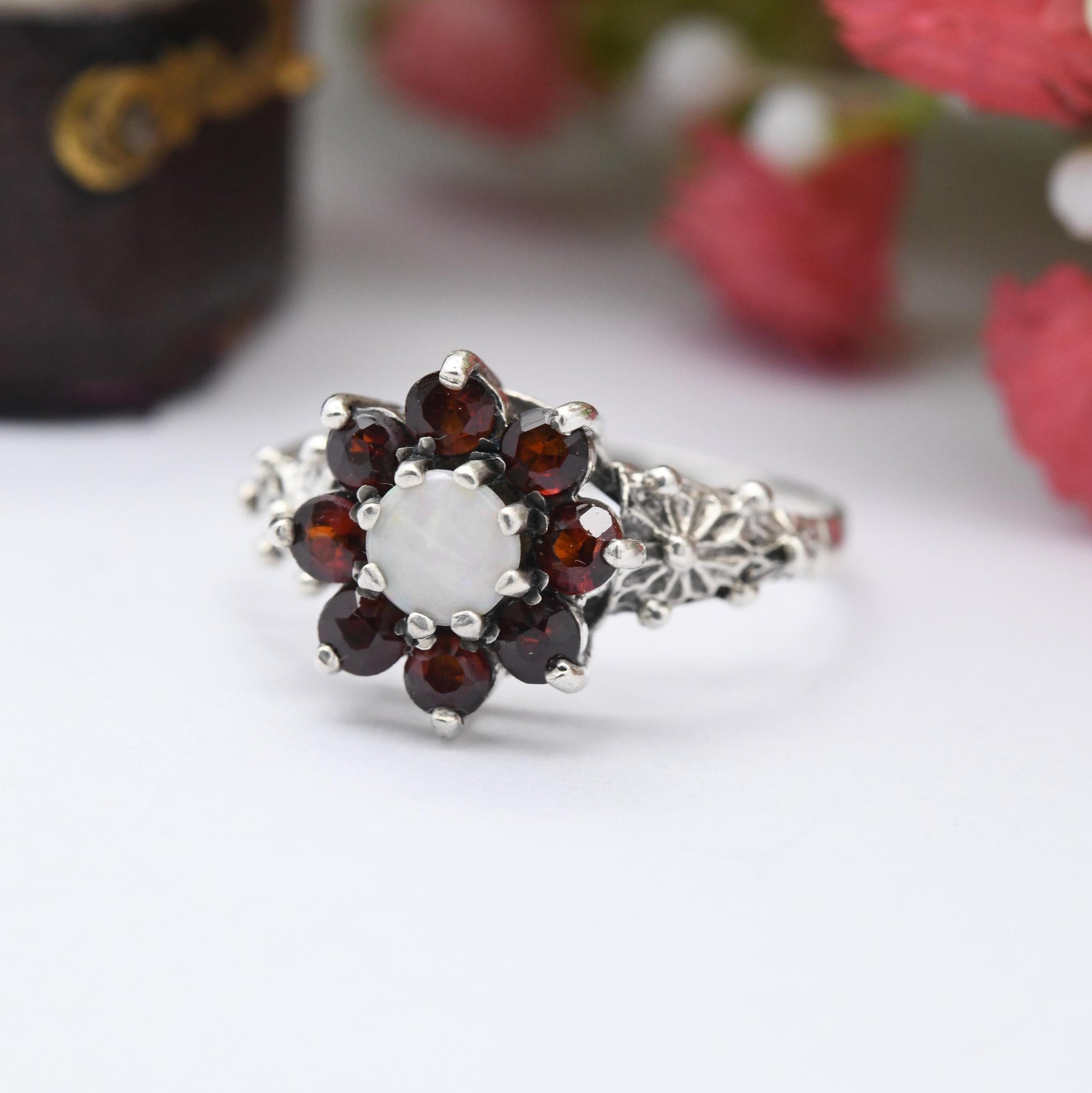 Vintage Sterling Silver Opal Garnet Flower Cluster Ring 1978 by P&R Bushell - Cocktail Ring Pretty Gift | UK Size - O 1/2 | US Size - 7 1/2