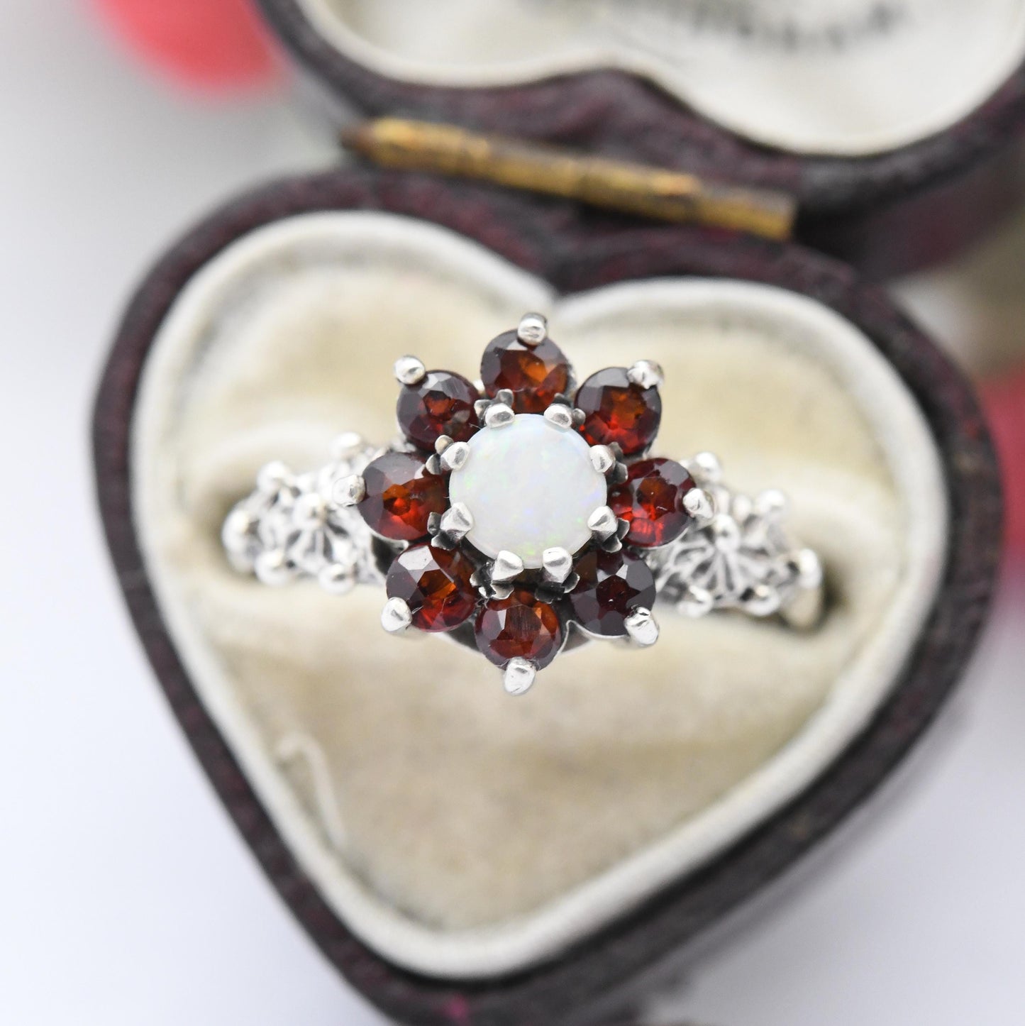 Vintage Sterling Silver Opal Garnet Flower Cluster Ring 1978 by P&R Bushell - Cocktail Ring Pretty Gift | UK Size - O 1/2 | US Size - 7 1/2