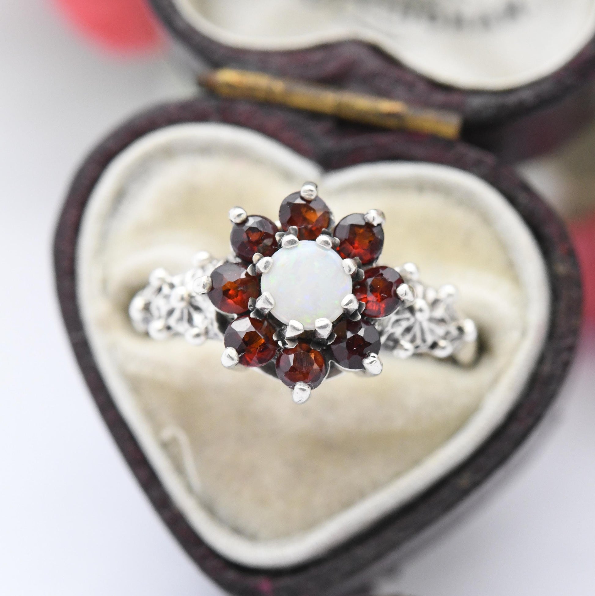 Vintage Sterling Silver Opal Garnet Flower Cluster Ring 1978 by P&R Bushell - Cocktail Ring Pretty Gift | UK Size - O 1/2 | US Size - 7 1/2