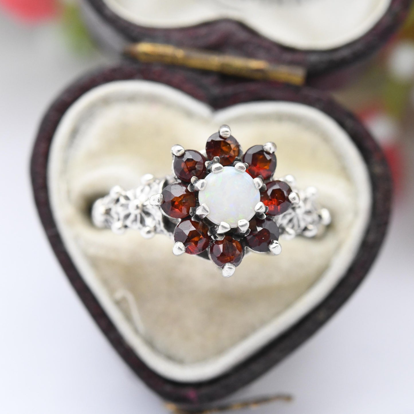 Vintage Sterling Silver Opal Garnet Flower Cluster Ring 1978 by P&R Bushell - Cocktail Ring Pretty Gift | UK Size - O 1/2 | US Size - 7 1/2