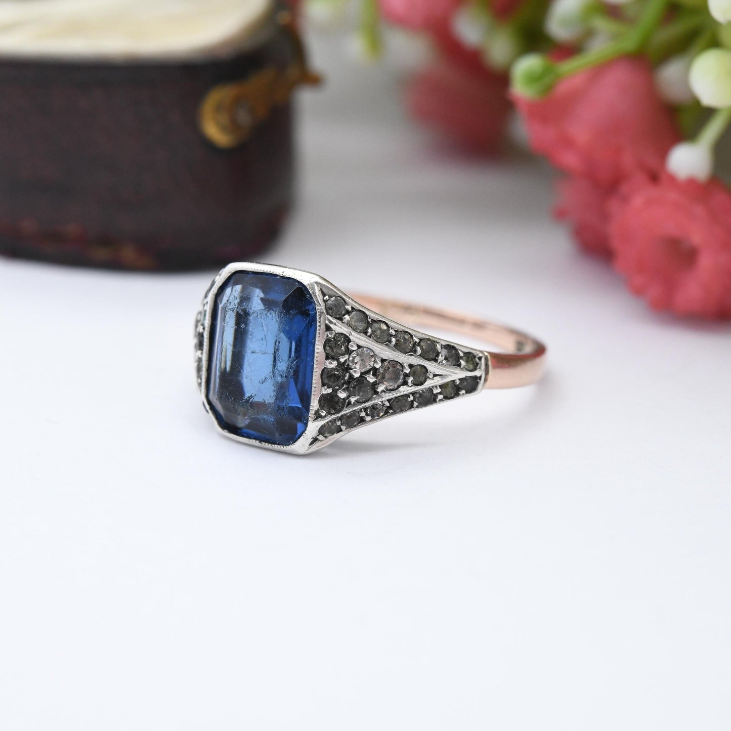 Antique Art Deco 9ct Rose Gold Blue Stone Paste Ring with Clear Side Stones - Clear Paste Shoulders Deep Blue | UK Size - P US Size - 7 3/4