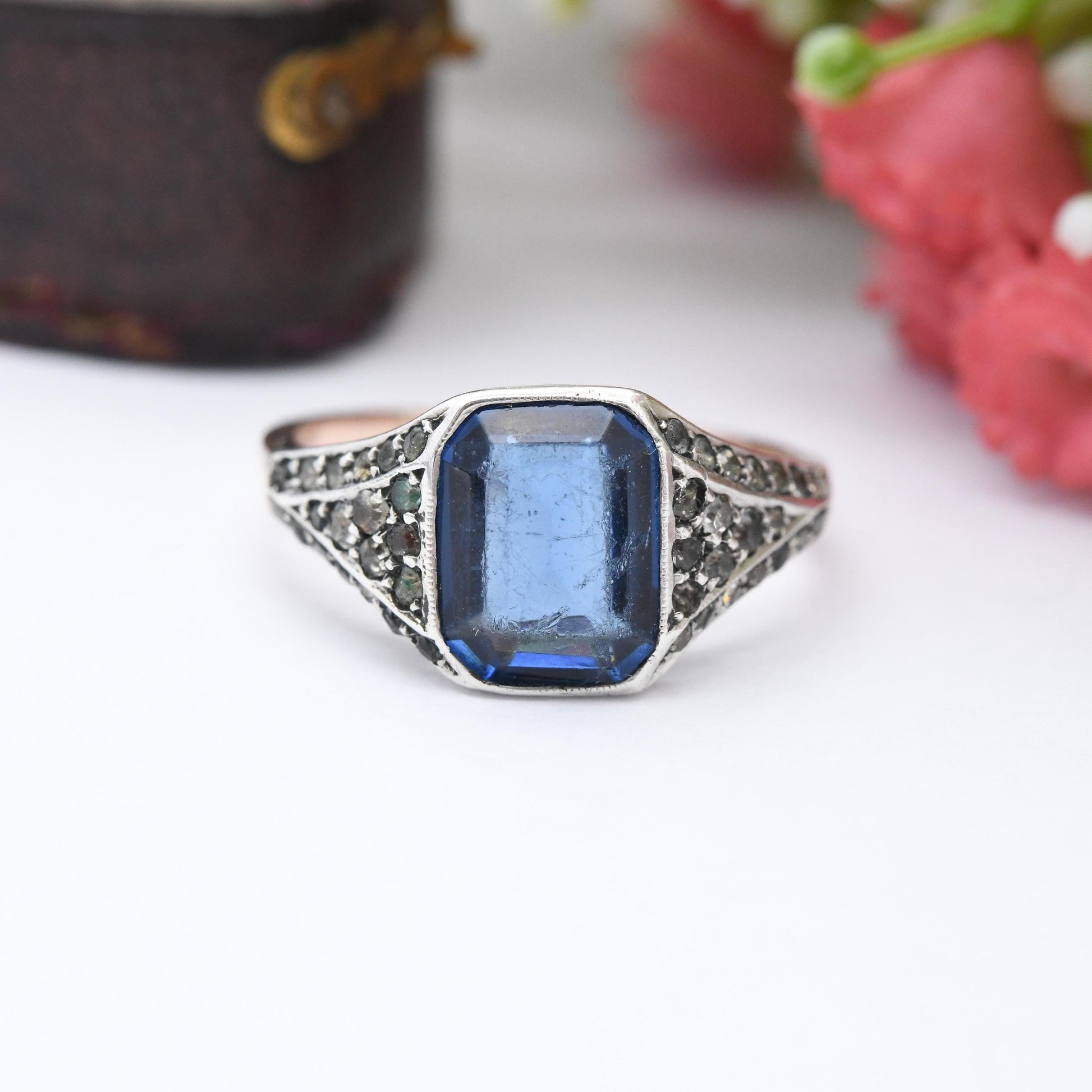 Antique Art Deco 9ct Rose Gold Blue Stone Paste Ring with Clear Side Stones - Clear Paste Shoulders Deep Blue | UK Size - P US Size - 7 3/4