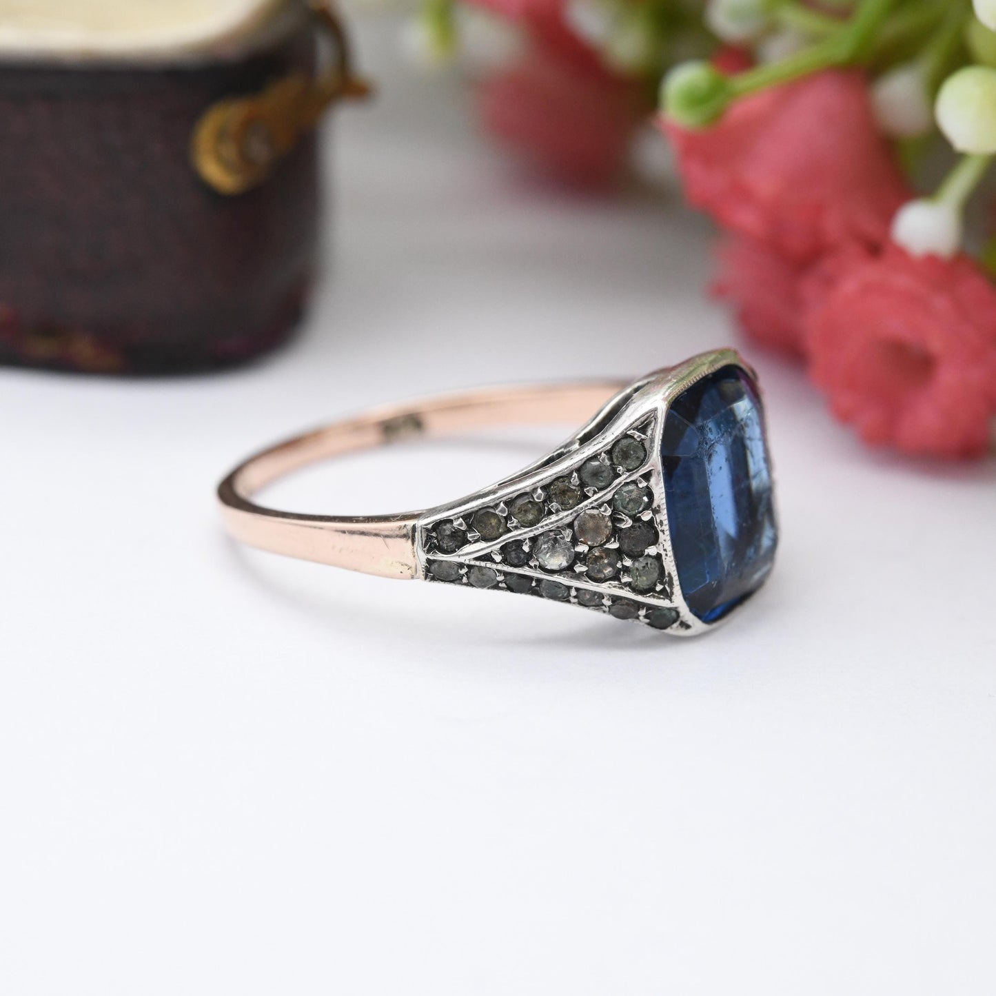 Antique Art Deco 9ct Rose Gold Blue Stone Paste Ring with Clear Side Stones - Clear Paste Shoulders Deep Blue | UK Size - P US Size - 7 3/4