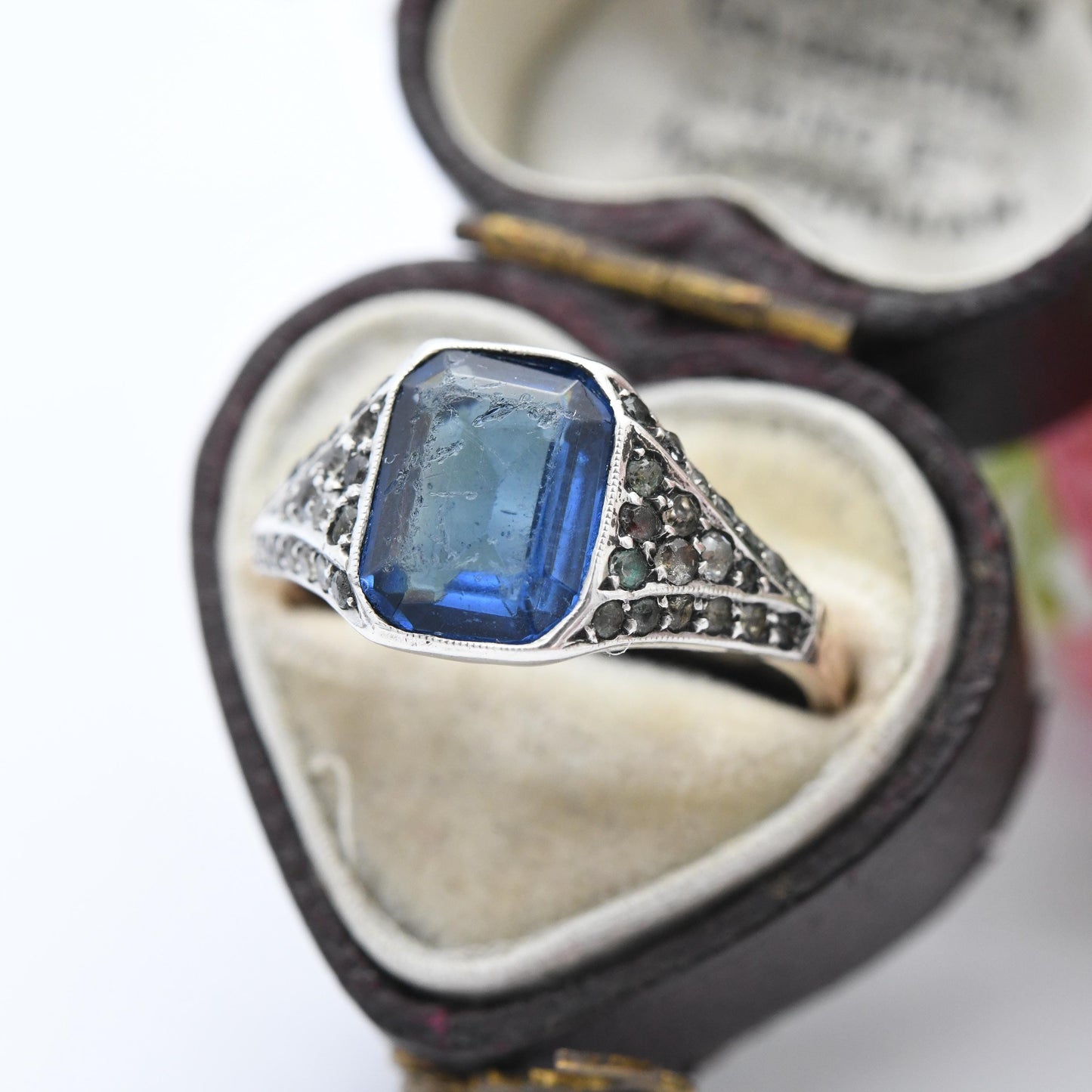 Antique Art Deco 9ct Rose Gold Blue Stone Paste Ring with Clear Side Stones - Clear Paste Shoulders Deep Blue | UK Size - P US Size - 7 3/4