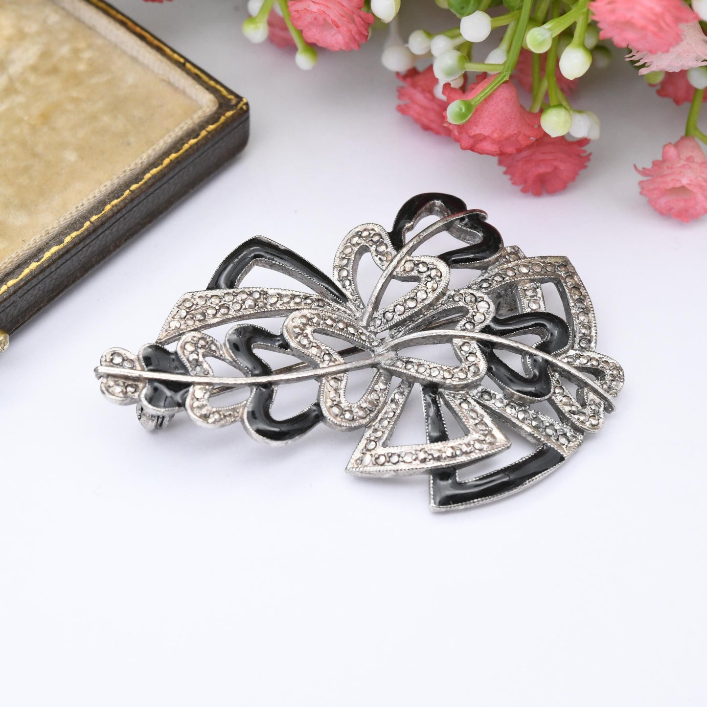 Vintage Kigu Marcasite and Black Enamel Brooch - Mid-Century Costume Jewellery | Large Statement Pin | Silver Tone | Gift for Mum