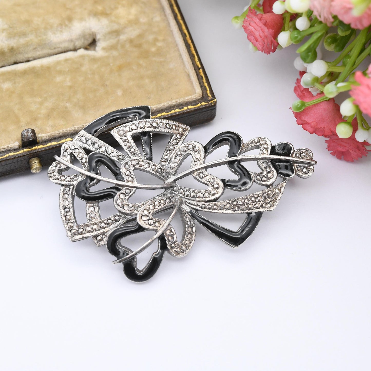 Vintage Kigu Marcasite and Black Enamel Brooch - Mid-Century Costume Jewellery | Large Statement Pin | Silver Tone | Gift for Mum