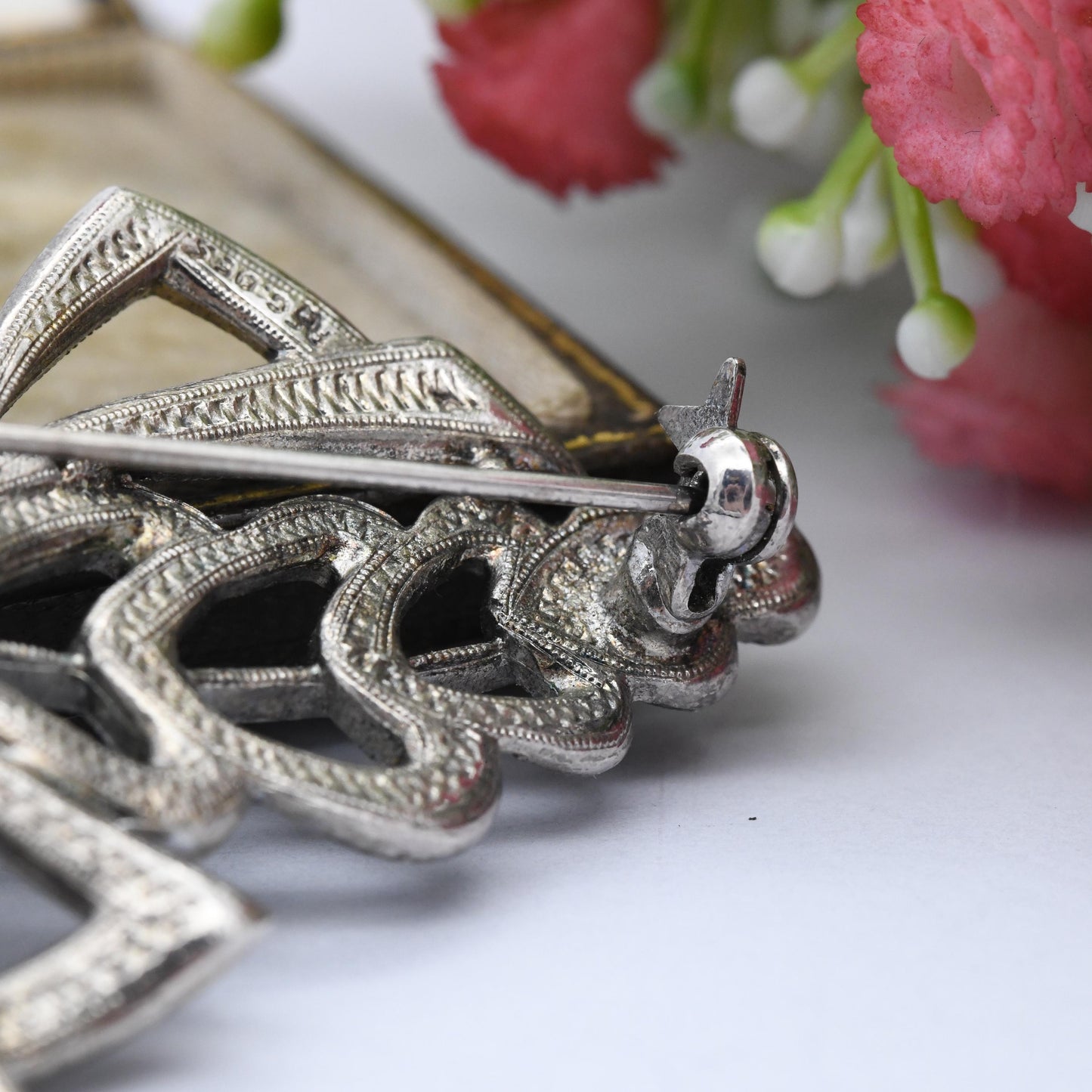 Vintage Kigu Marcasite and Black Enamel Brooch - Mid-Century Costume Jewellery | Large Statement Pin | Silver Tone | Gift for Mum