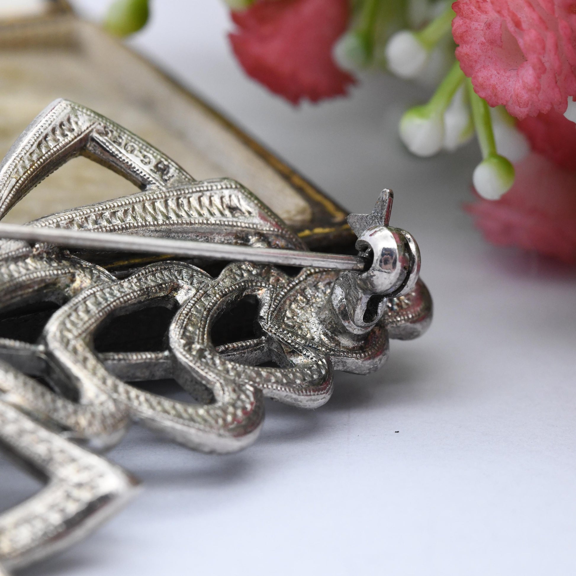 Vintage Kigu Marcasite and Black Enamel Brooch - Mid-Century Costume Jewellery | Large Statement Pin | Silver Tone | Gift for Mum