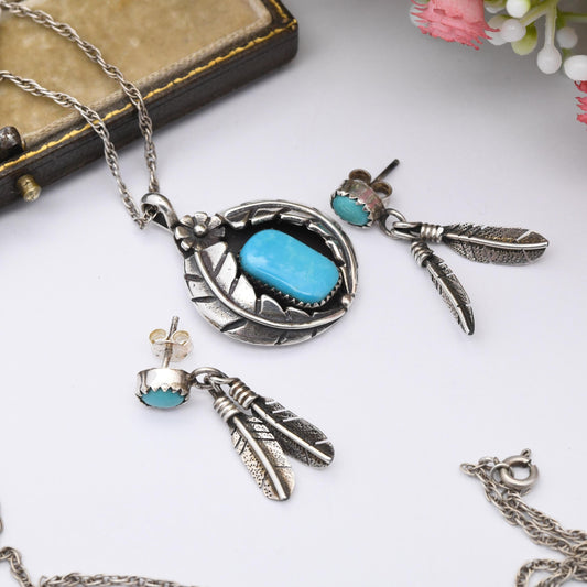 Vintage Southwestern Sterling Silver Turquoise Jewellery Set Pendant Necklace and Earrings - Cabochon Blue Stone Feathers Flower | Gift