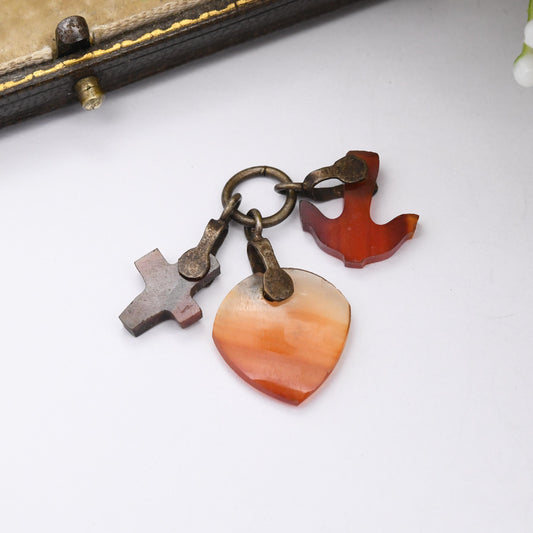 Antique Victorian Agate Faith Hope Charity Charm Pendant c.1880s - Heart Cross Anchor Charm for Necklace | Red Gemstone Fob Collection