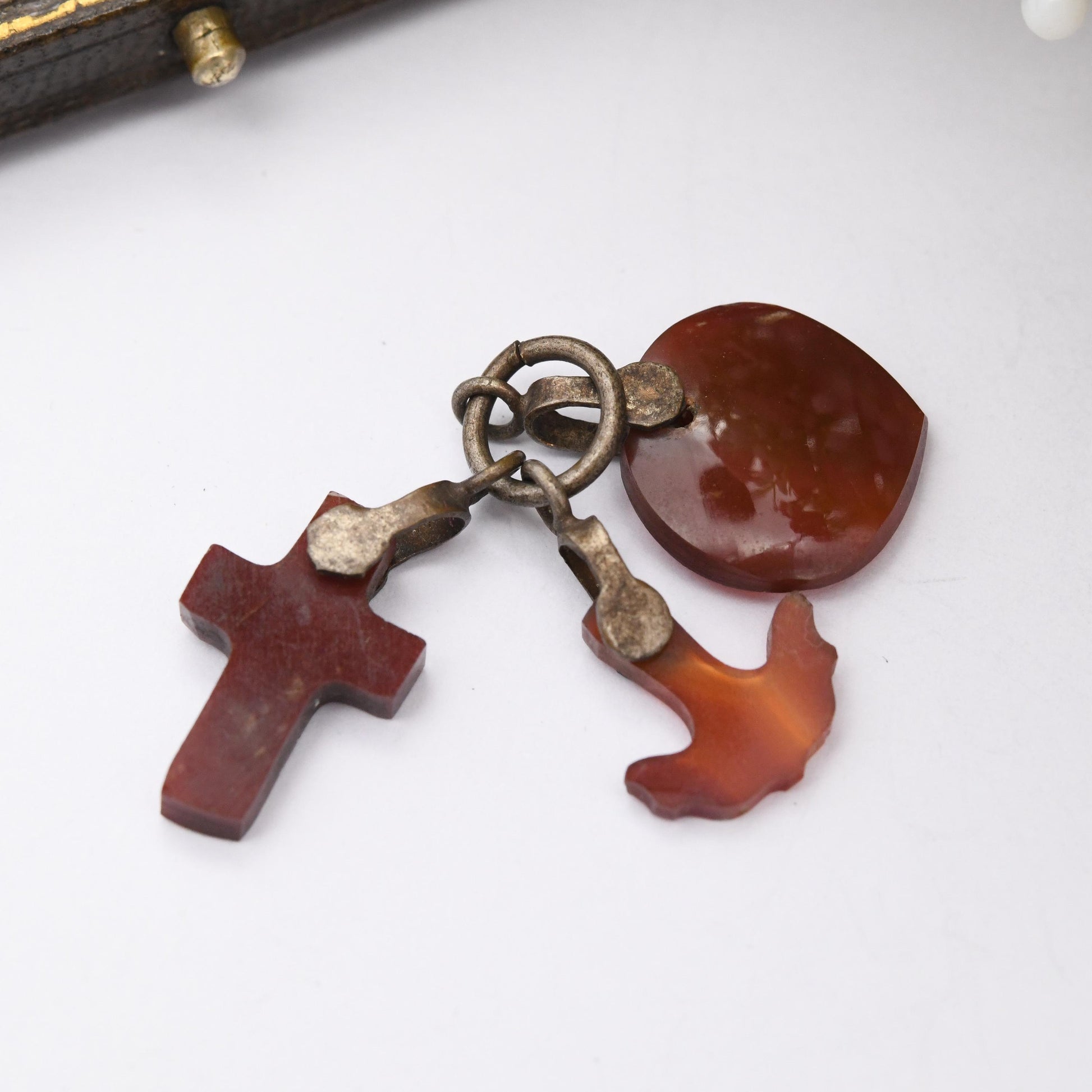 Antique Victorian Agate Faith Hope Charity Charm Pendant c.1880s - Heart Cross Anchor Charm for Necklace | Red Gemstone Fob Collection