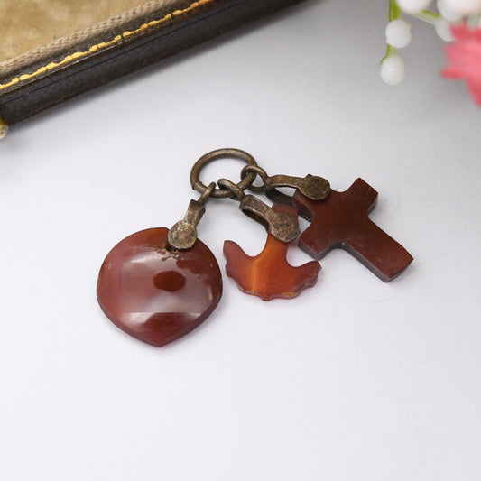 Antique Victorian Agate Faith Hope Charity Charm Pendant c.1880s - Heart Cross Anchor Charm for Necklace | Red Gemstone Fob Collection