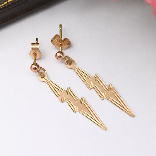 Vintage 9ct Gold Lightning Bolt Drop Earrings - with Butterfly Backs | Fun Minimal Gold Jewellery Gift