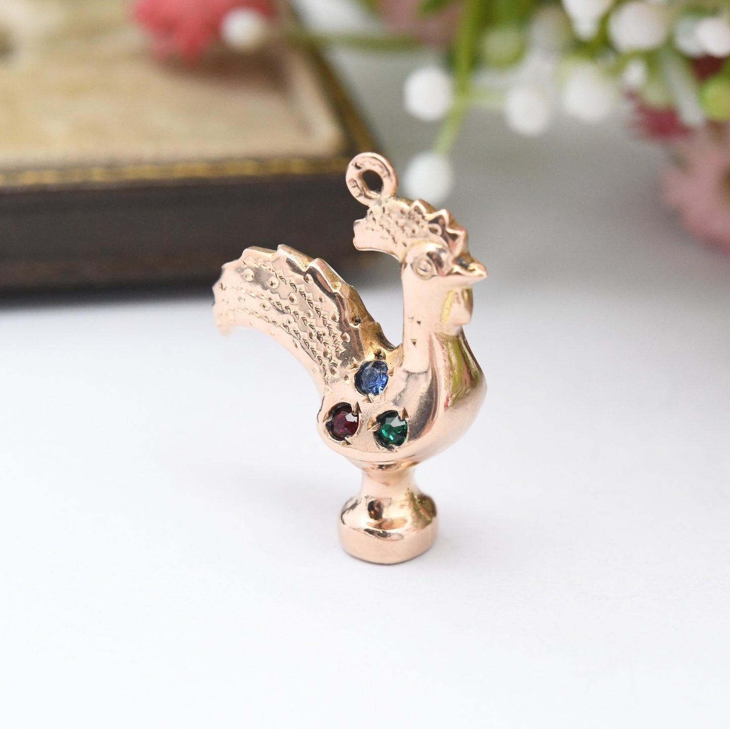 Vintage 19ct Gold Portuguese Chicken Charm Pendant with Colourful Stones - Portugal Souvenir Charm Bracelet Necklace Animal Jewellery Gift