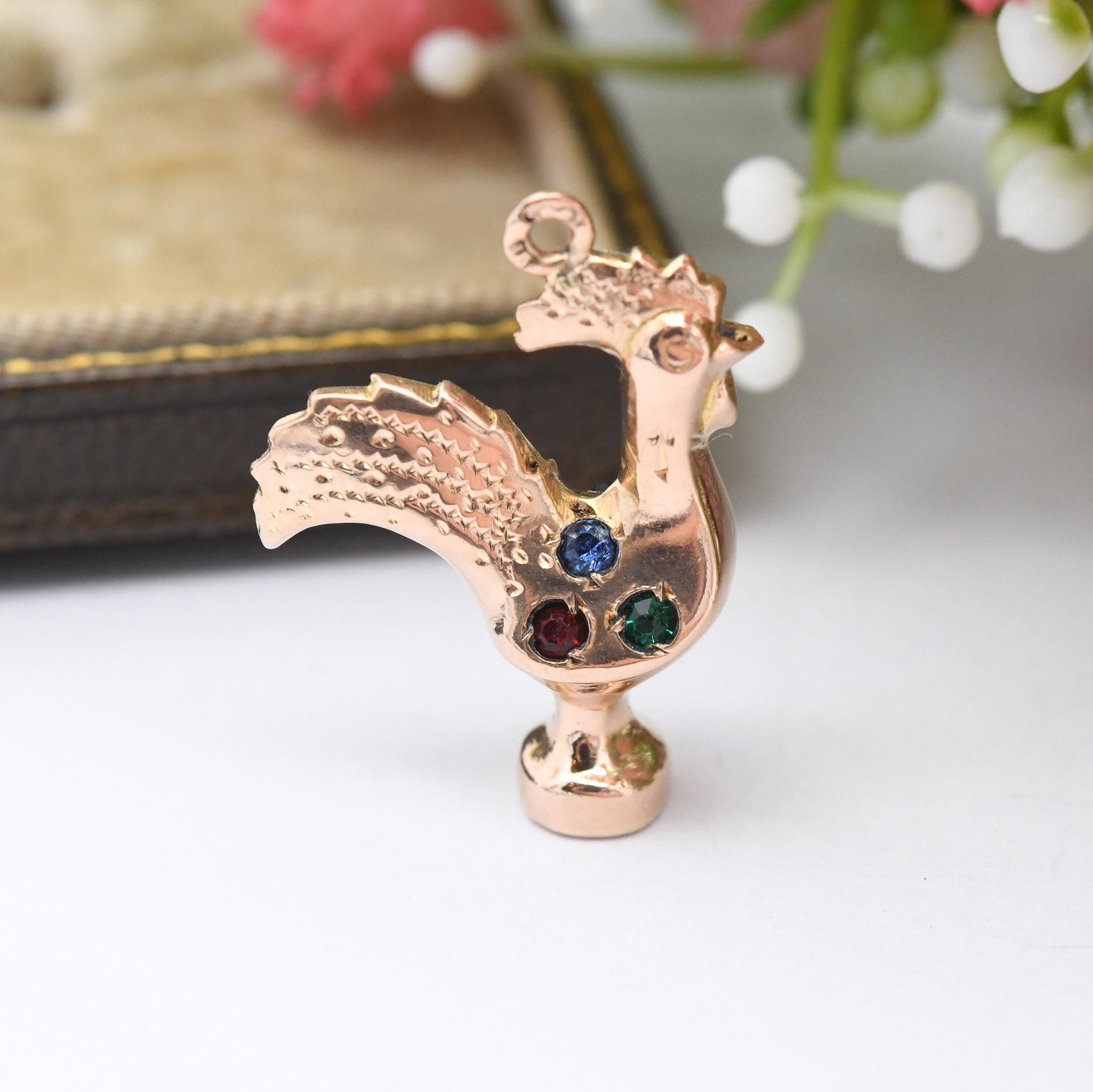 Vintage 19ct Gold Portuguese Chicken Charm Pendant with Colourful Stones - Portugal Souvenir Charm Bracelet Necklace Animal Jewellery Gift