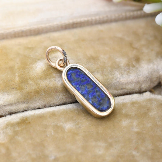 Vintage 9ct Gold Lapis Lazuli Pendant - Small Gold Charm for Necklace Stack Solid Gold Mottled Blue Gemstone Jewellery Gift for Her Oval